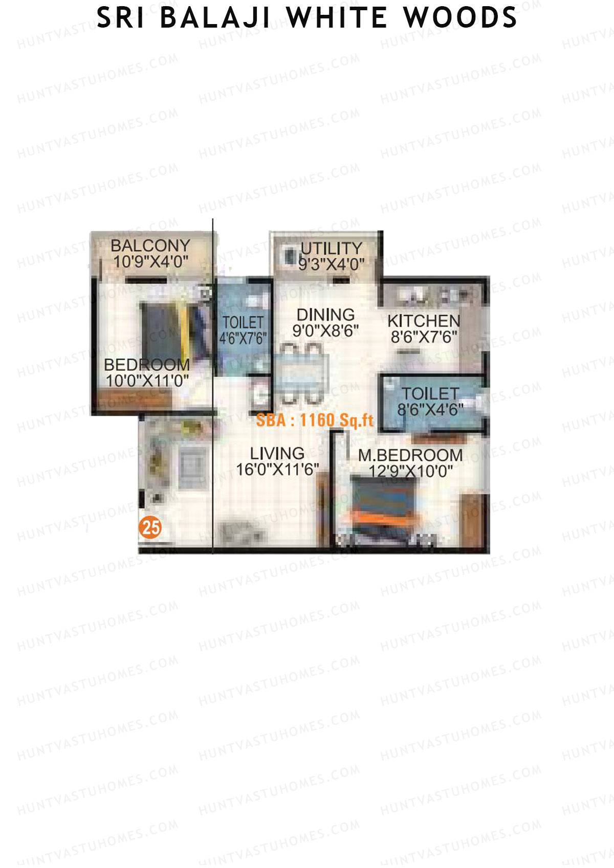 Sri Balaji White Woods, Wing 2, Unit 25, 2BHK, Super Area 1160   sq ft 