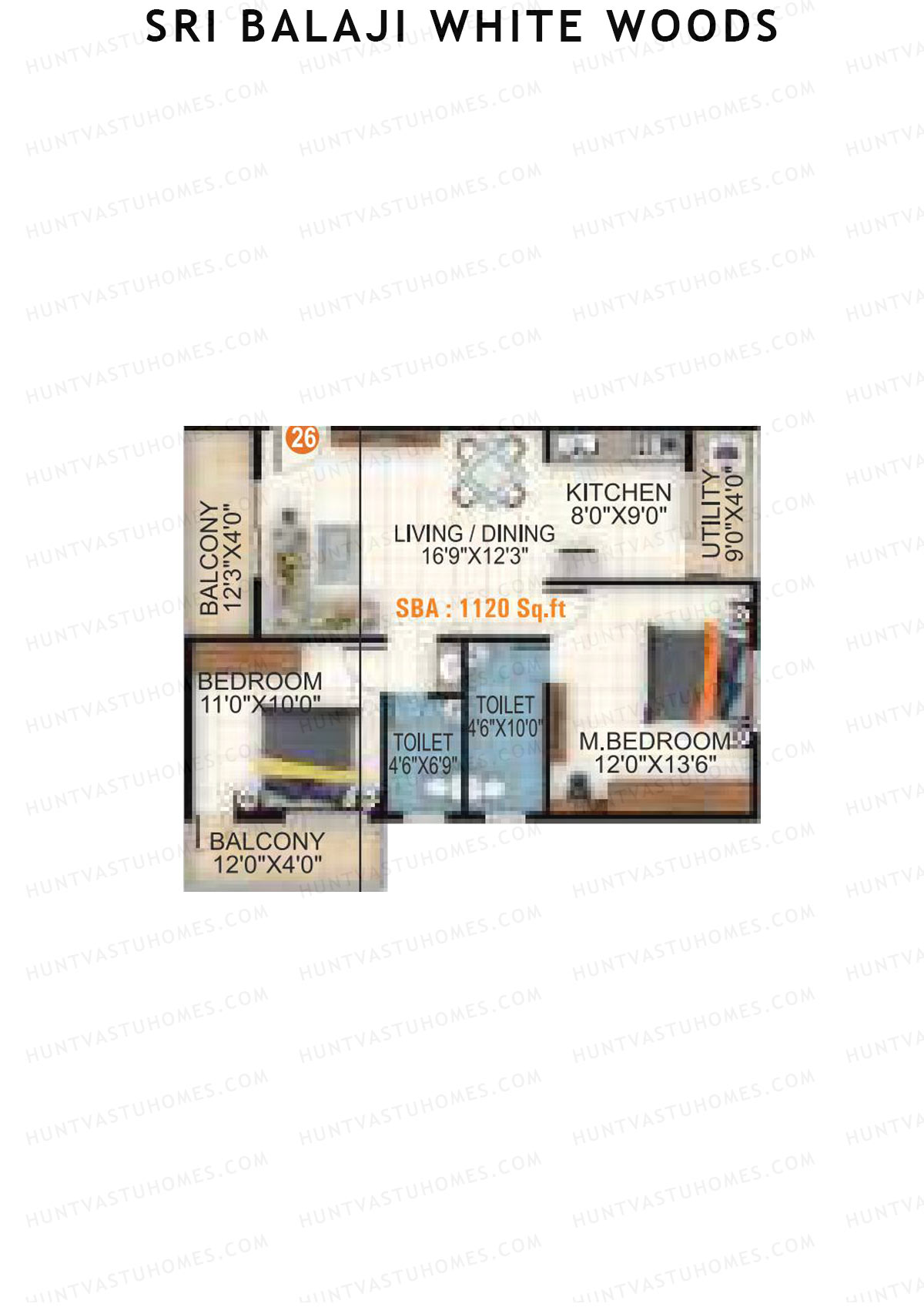 Sri Balaji White Woods, Wing 2, Unit 26, 2BHK, Super Area 1120   sq ft 