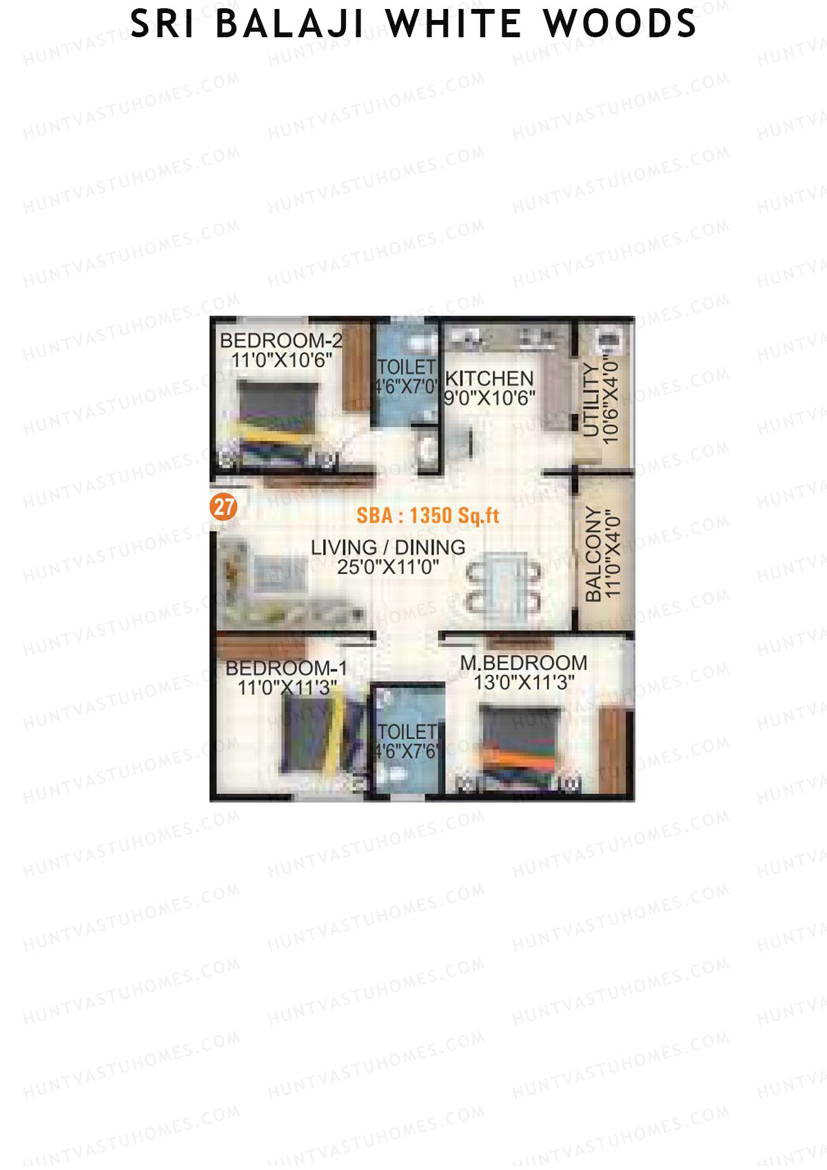 Sri Balaji White Woods, Wing 2, Unit 27, 3BHK, Super Area 1350   sq ft 