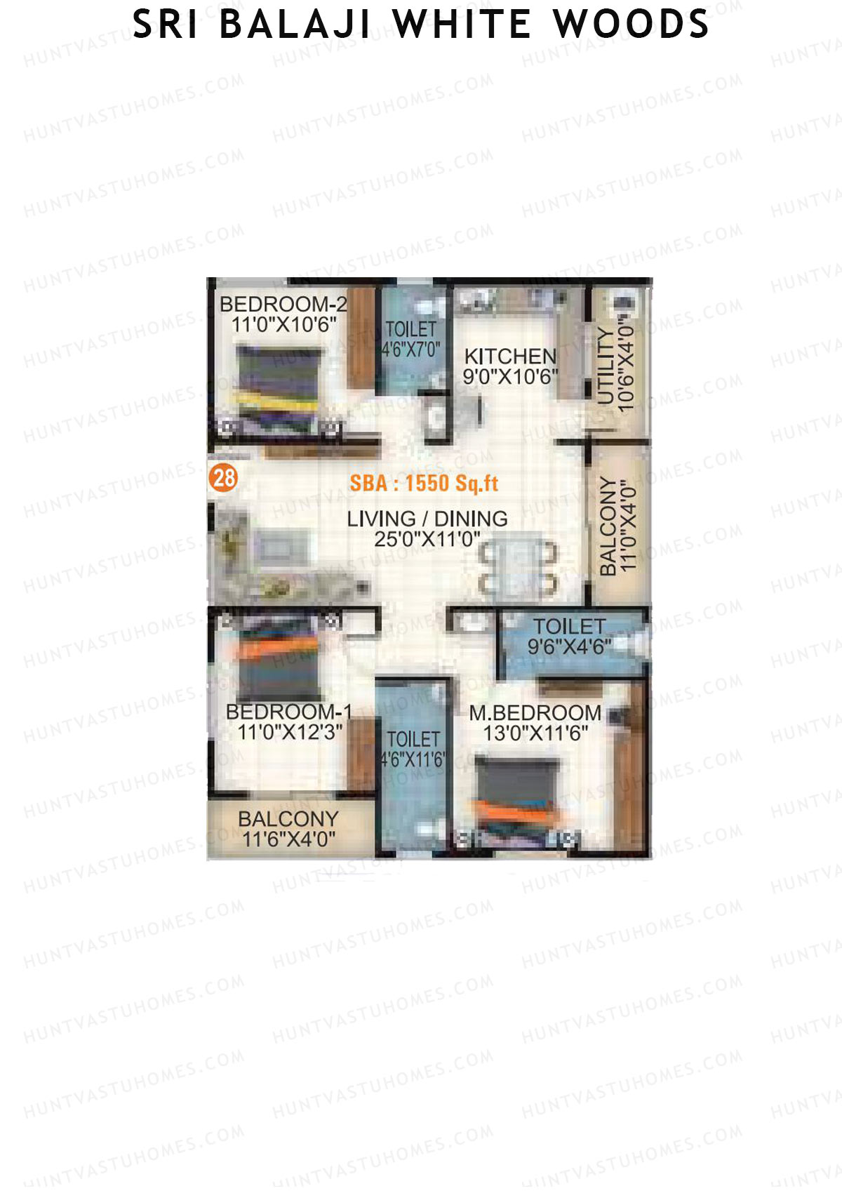 Sri Balaji White Woods, Wing 2, Unit 28, 3BHK, Super Area 1550   sq ft 