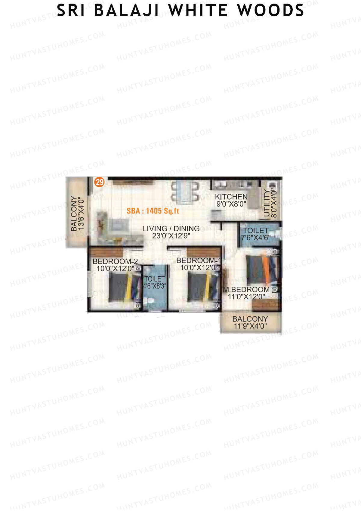 Sri Balaji White Woods, Wing 2, Unit 29, 3BHK, Super Area 1405   sq ft 