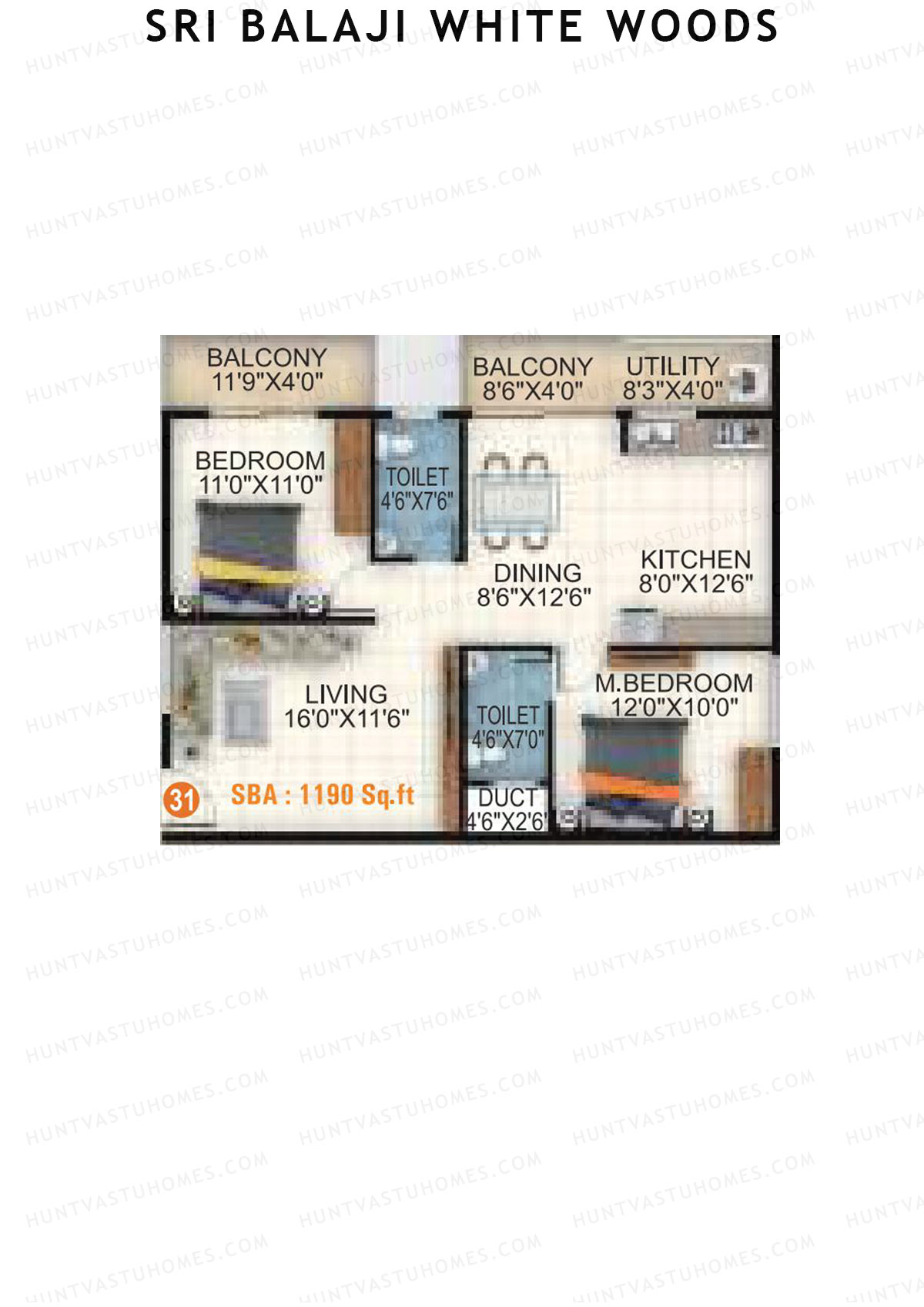 Sri Balaji White Woods, Wing 2, Unit 3, 2BHK, Super Area 1190   sq ft 