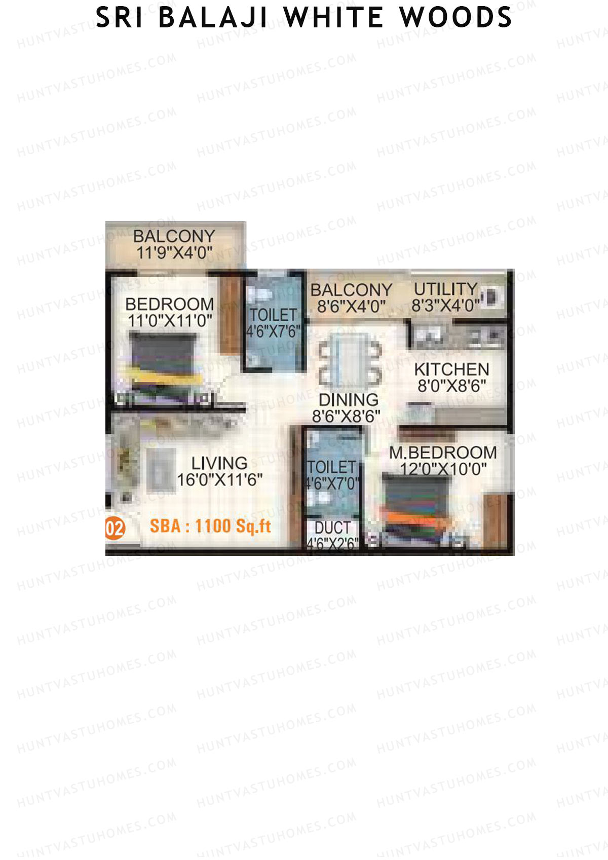 Sri Balaji White Woods, Wing 2, Unit 4, 2BHK, Super Area 1100   sq ft 