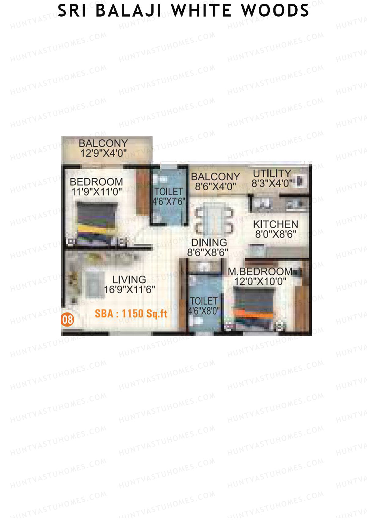 Sri Balaji White Woods, Wing 2, Unit 8, 2BHK, Super Area 1150   sq ft 