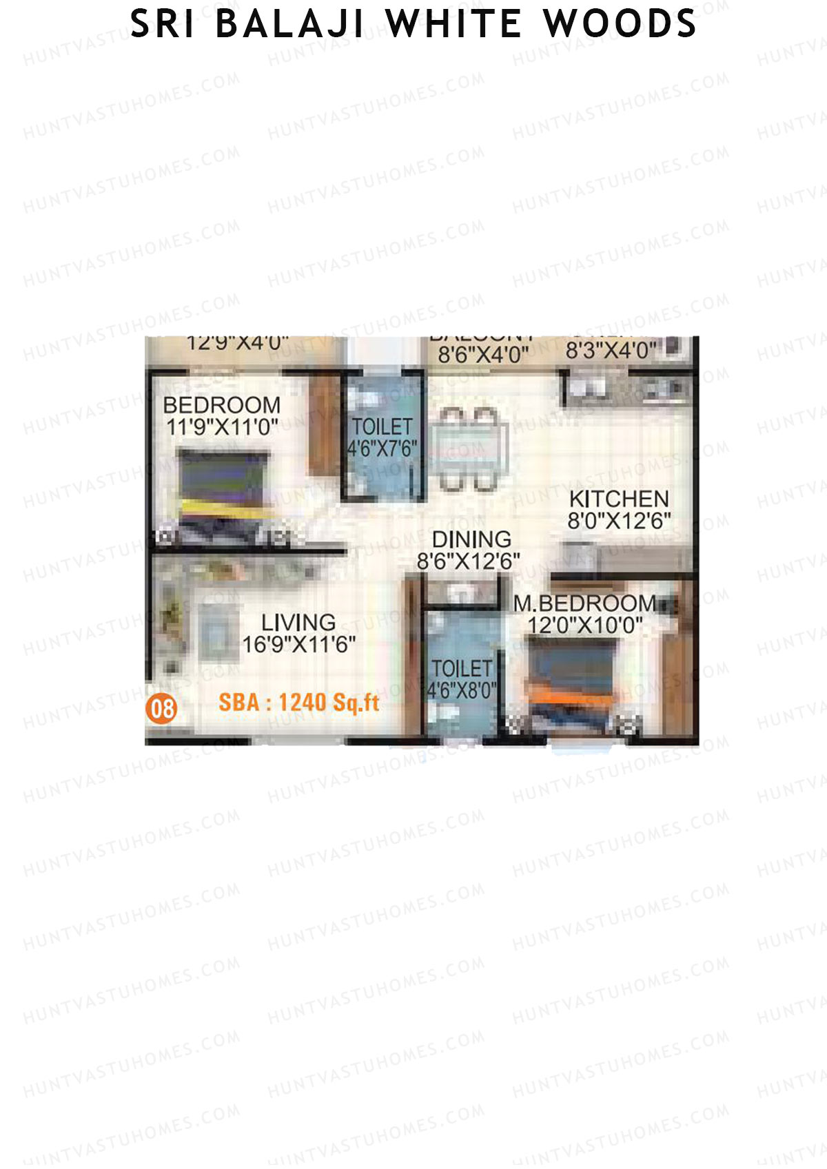 Sri Balaji White Woods, Wing 2, Unit 8, 2BHK, Super Area 1240   sq ft 