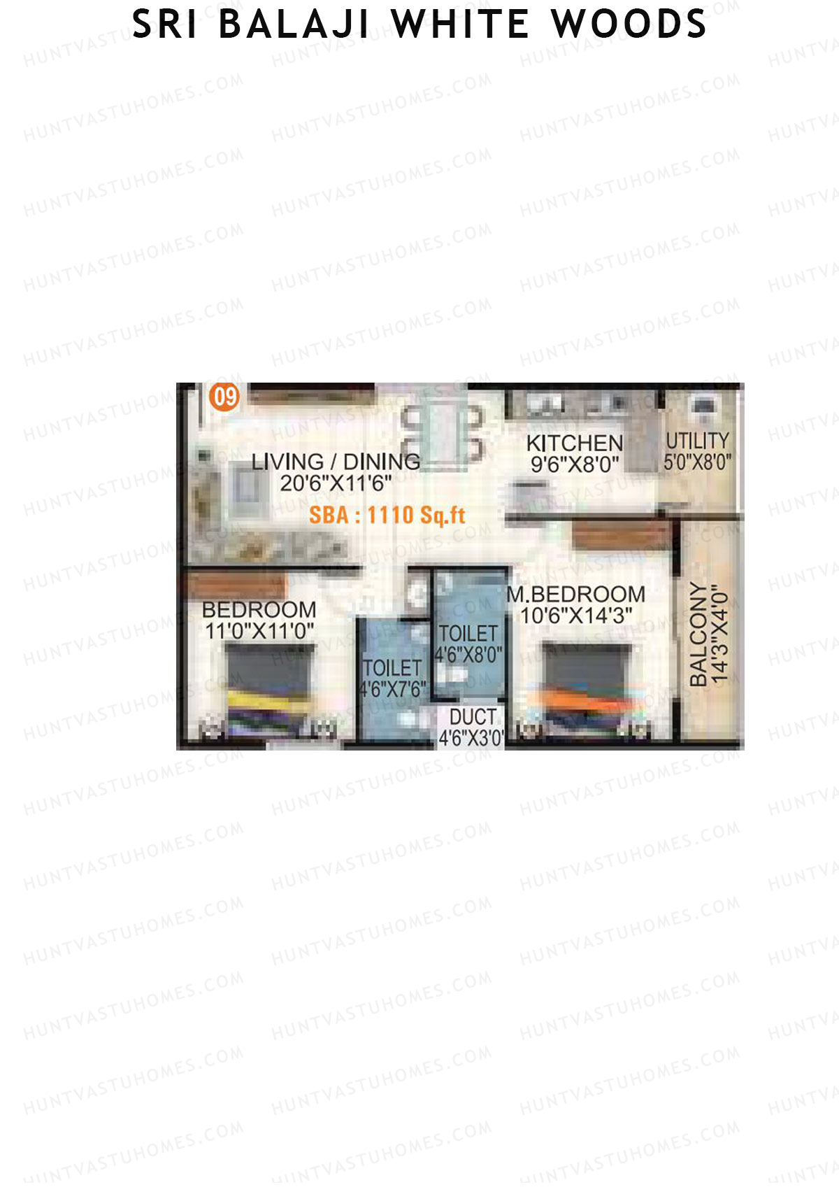 Sri Balaji White Woods, Wing 2, Unit 9, 2BHK, Super Area 1110   sq ft 