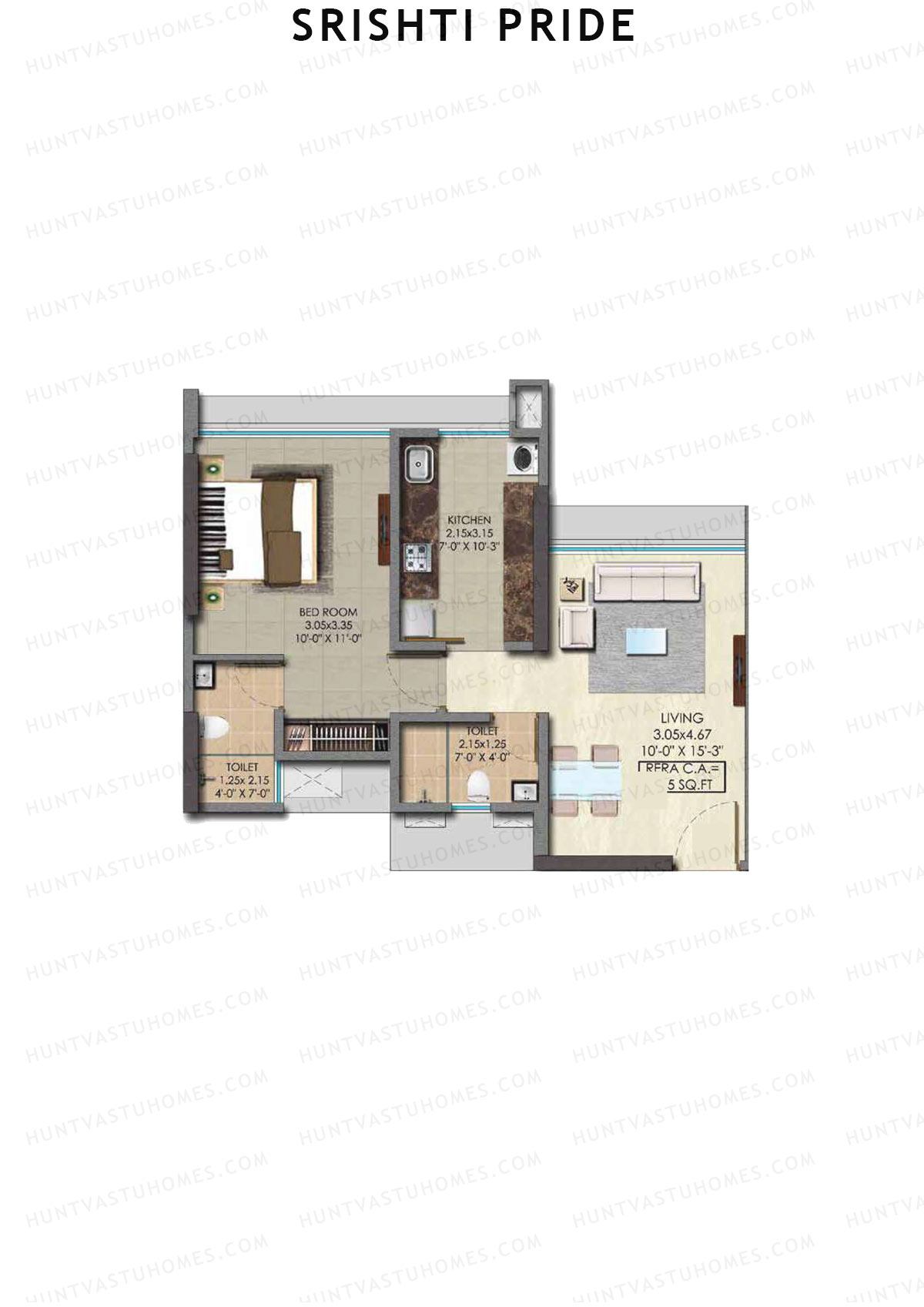 Srishti Pride, Wing A, Unit 1 (Type 2), 1BHK, Carpet Area 465   sq ft 