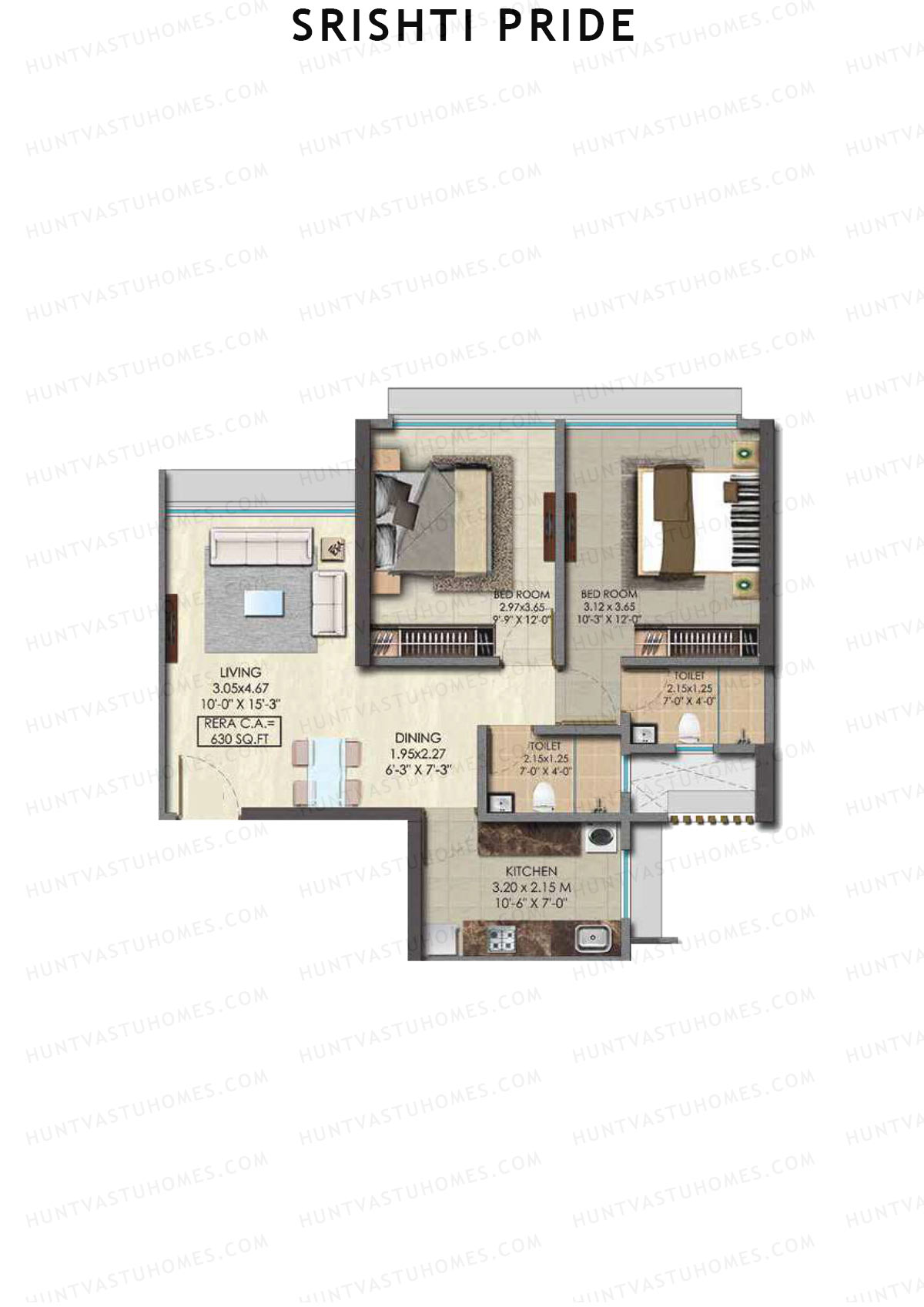 Srishti Pride, Wing A, Unit 2 (Type 1), 2BHK, Carpet Area 630   sq ft 