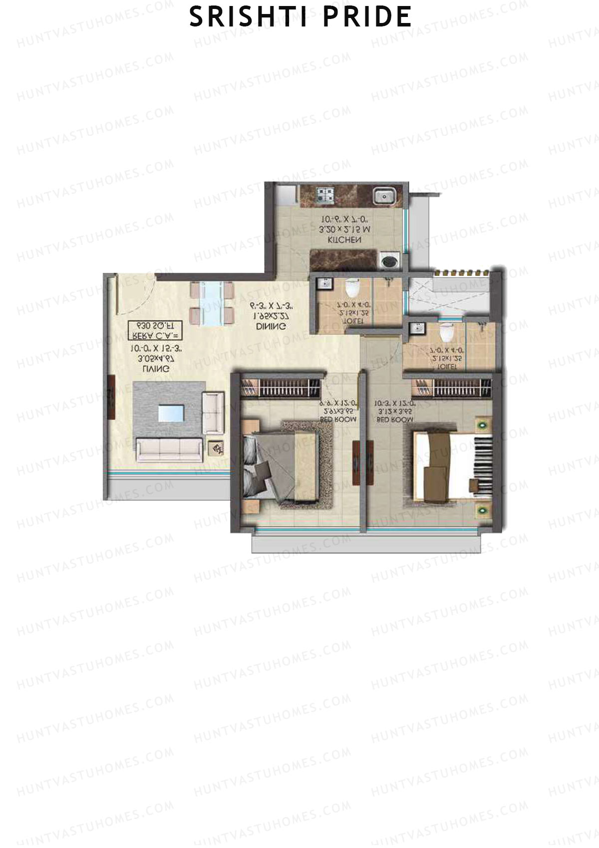 Srishti Pride, Wing A, Unit 3 (Type 1), 2BHK, Carpet Area 630   sq ft 