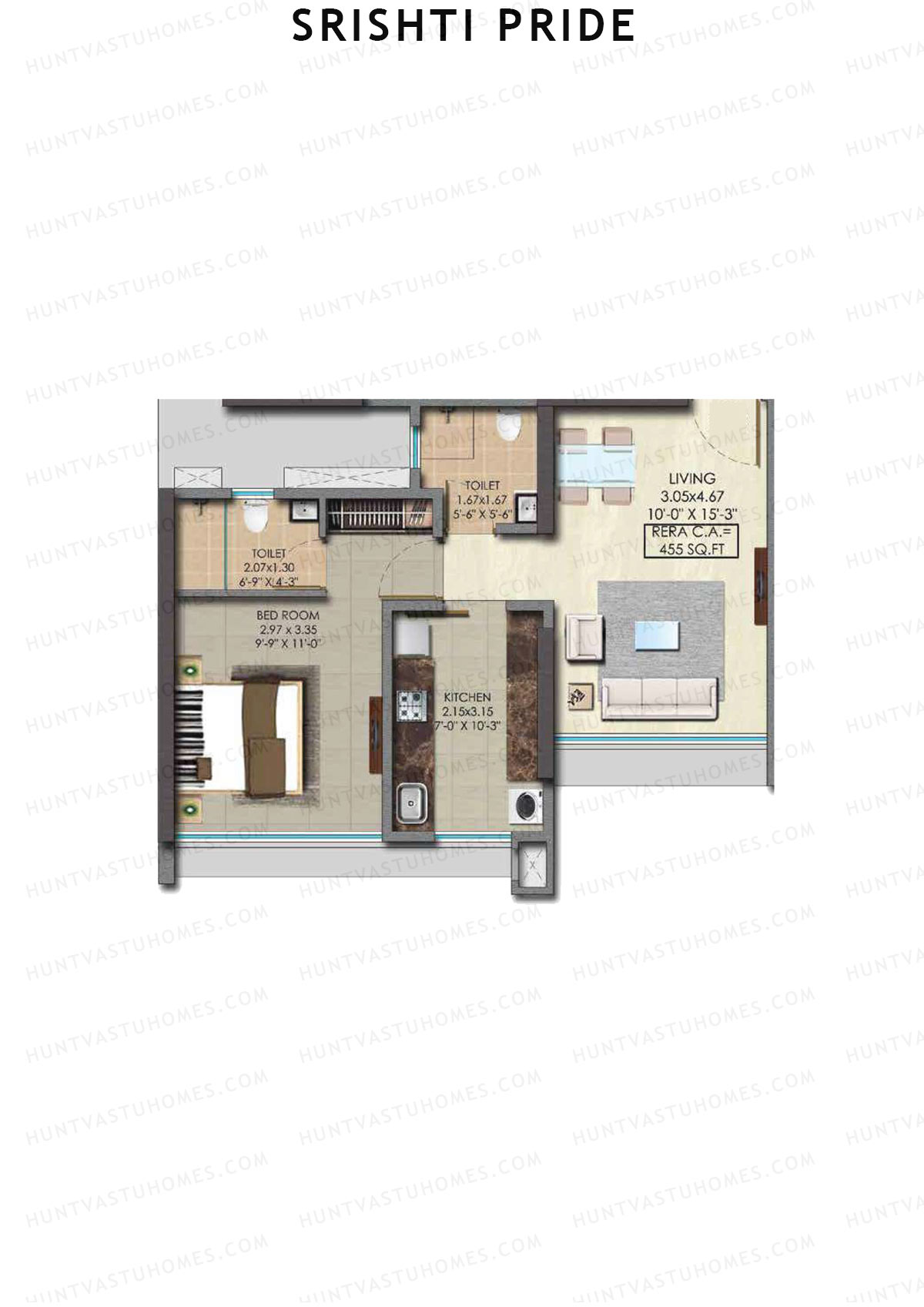 Srishti Pride, Wing B, Unit 2 (Type 1), 1BHK, Carpet Area 455   sq ft 