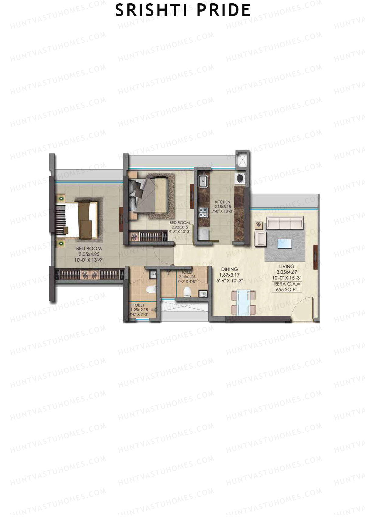 Srishti Pride, Wing B, Unit 3 (Type 2), 2BHK, Carpet Area 655   sq ft 