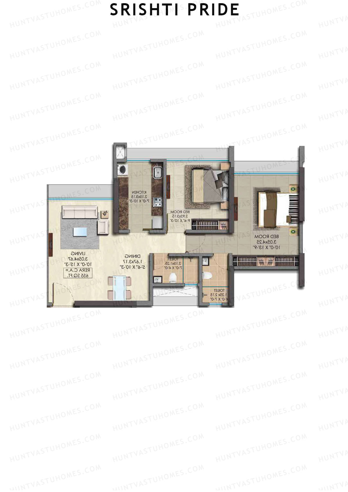Srishti Pride, Wing B, Unit 4 (Type 2), 2BHK, Carpet Area 655   sq ft 