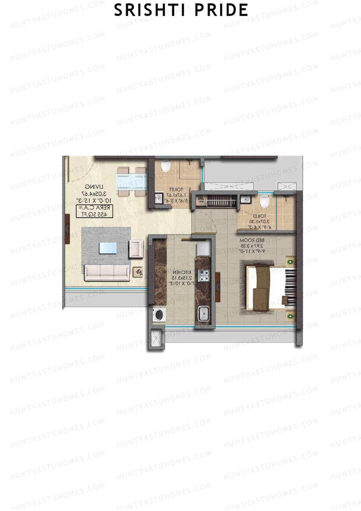 Srishti Pride, Wing C, Unit 1 (Type 1), 1BHK, Carpet Area 455   sq ft 