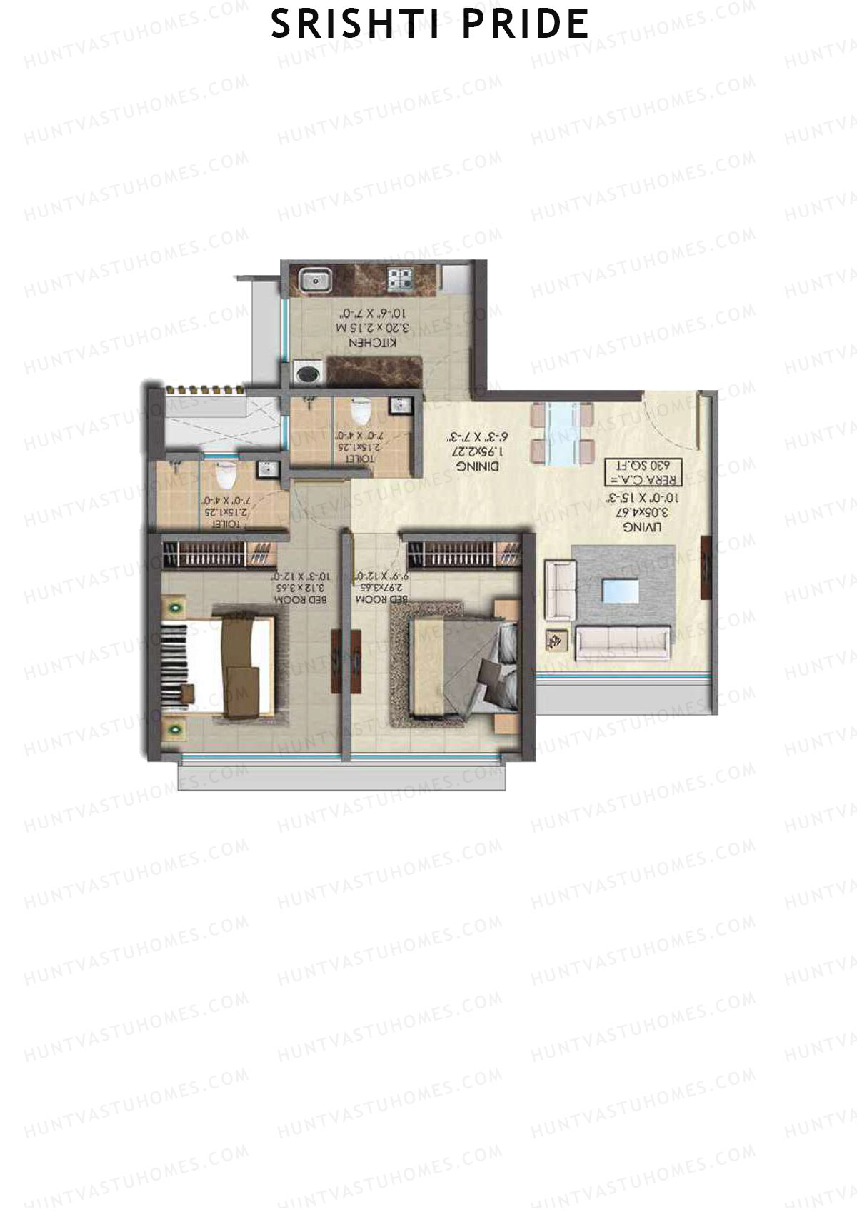 Srishti Pride, Wing C, Unit 2 (Type 1), 2BHK, Carpet Area 630   sq ft 