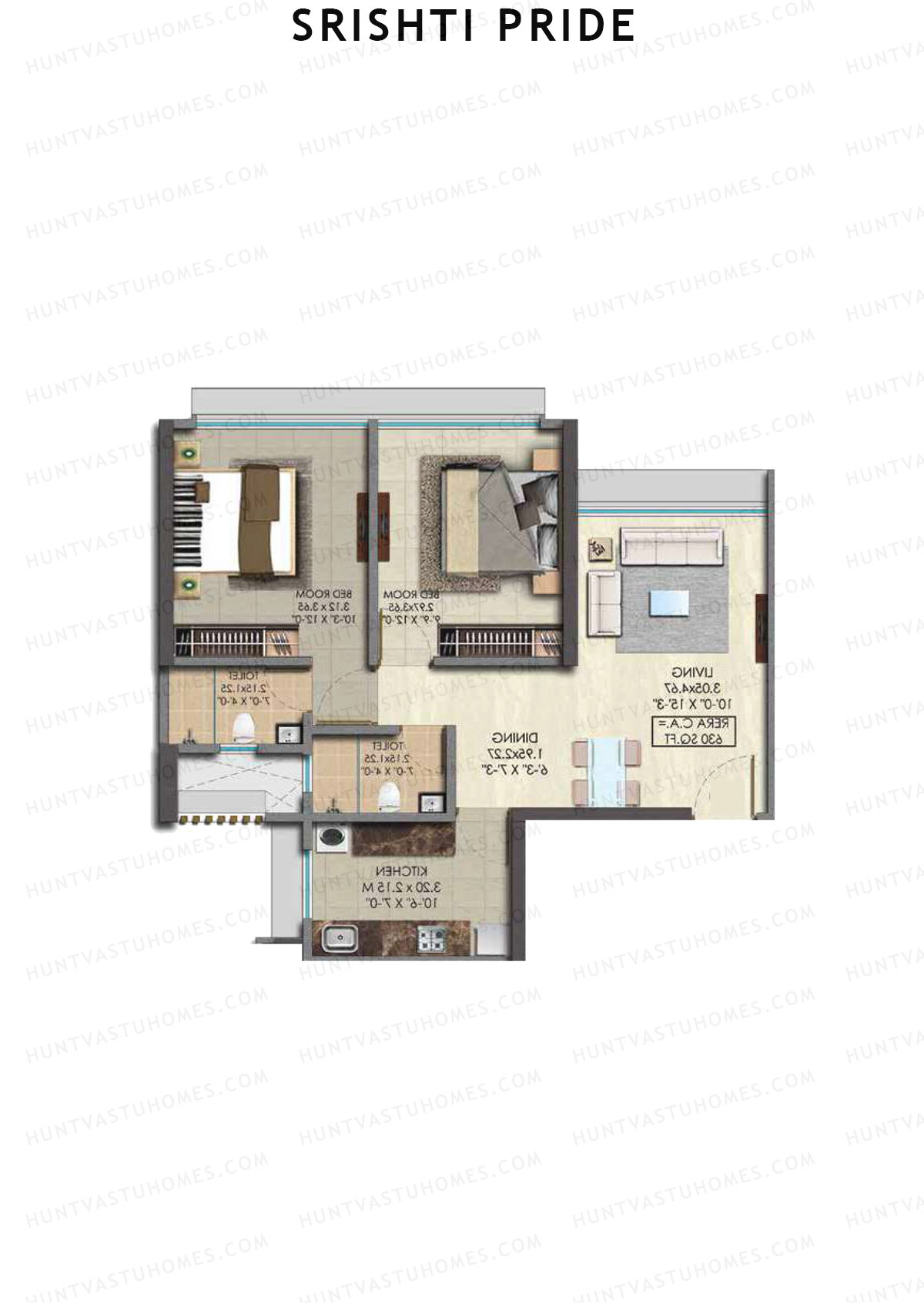 Srishti Pride, Wing C, Unit 3 (Type 1), 2BHK, Carpet Area 630   sq ft 