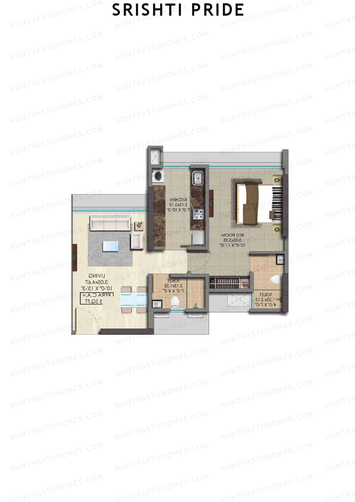Srishti Pride, Wing C, Unit 4 (Type 2), 1BHK, Carpet Area 465   sq ft 