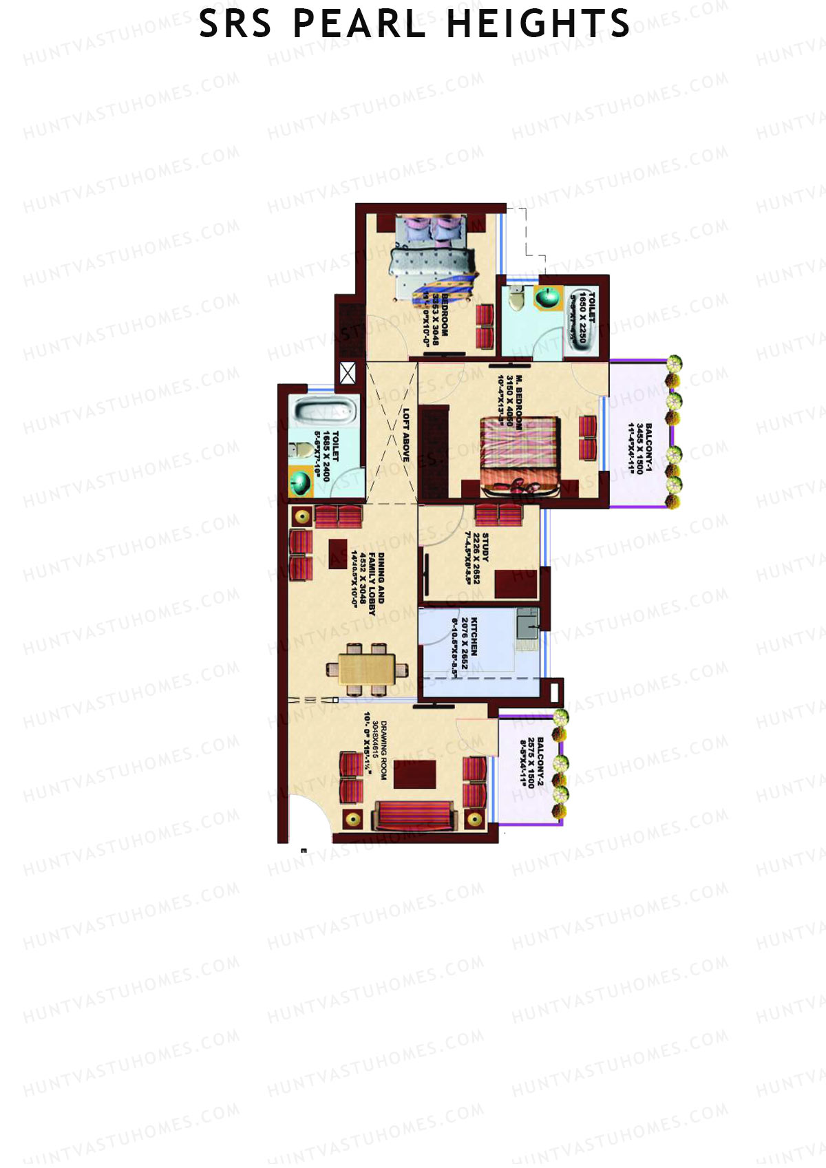 SRS Pearl Heights, Tower C2, Unit 1, 2BHK, Super Area 1290   sq ft 