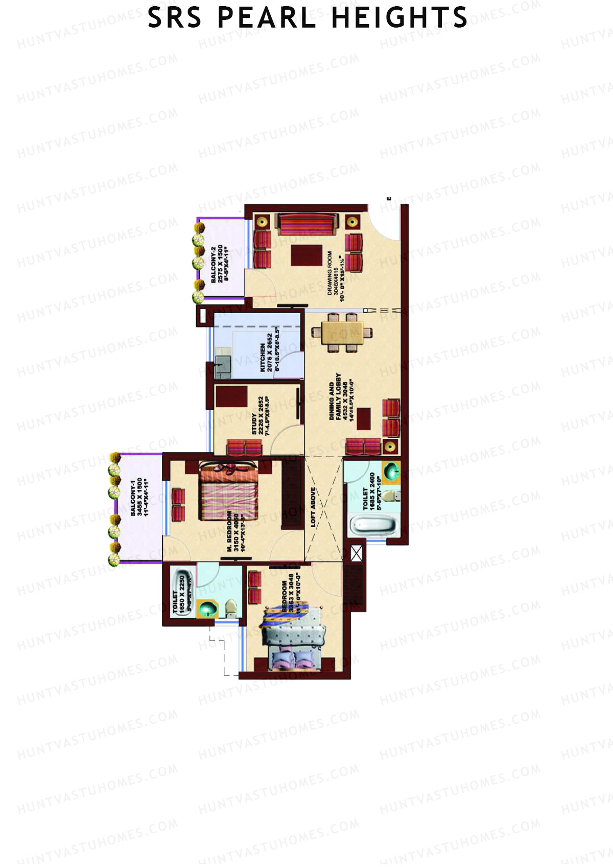 SRS Pearl Heights, Tower C2, Unit 3, 2BHK, Super Area 1290   sq ft 