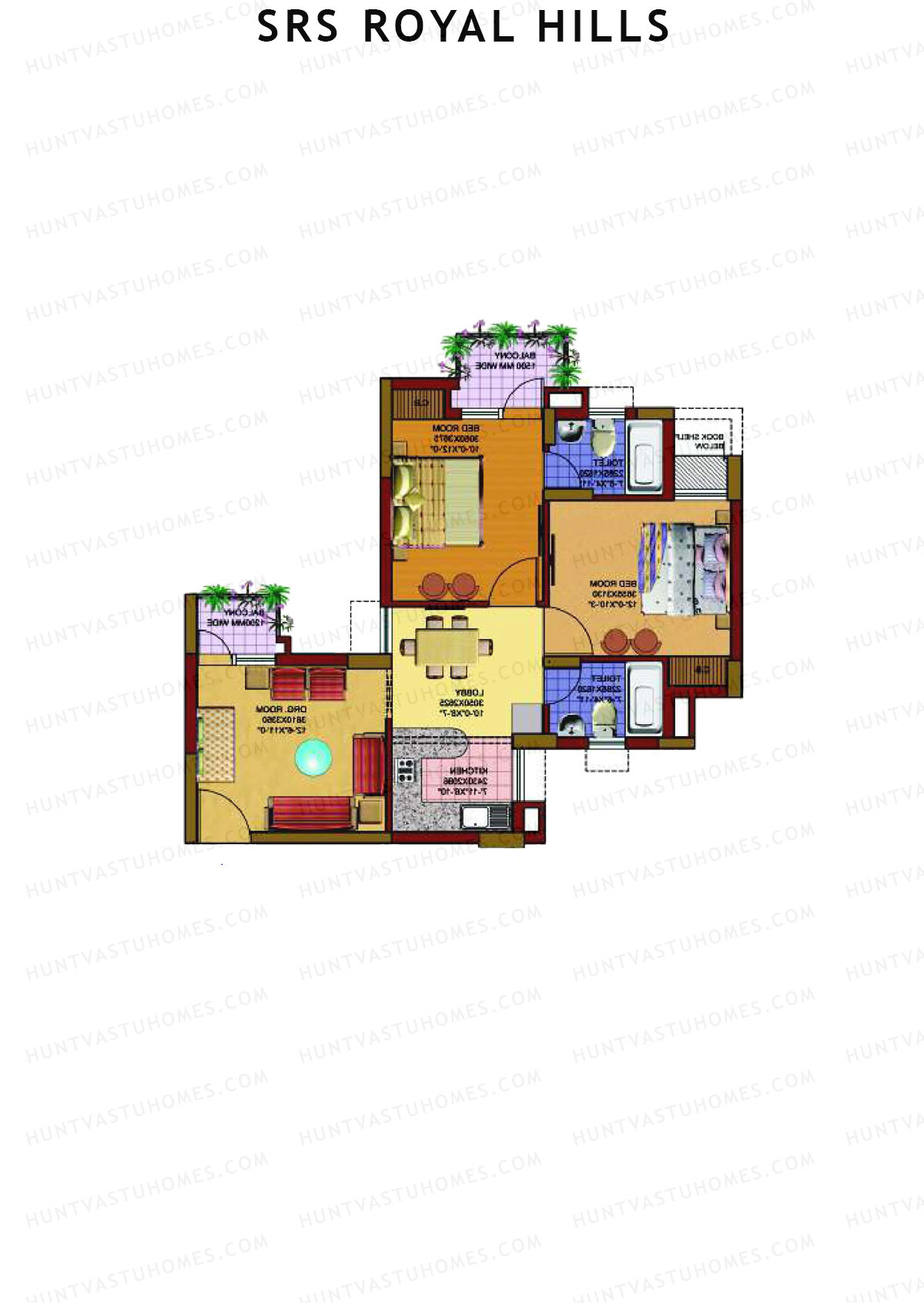 SRS Royal Hills, Tower A1, Unit 4 (Type 1), 2BHK, Super Area 1025   sq ft 
