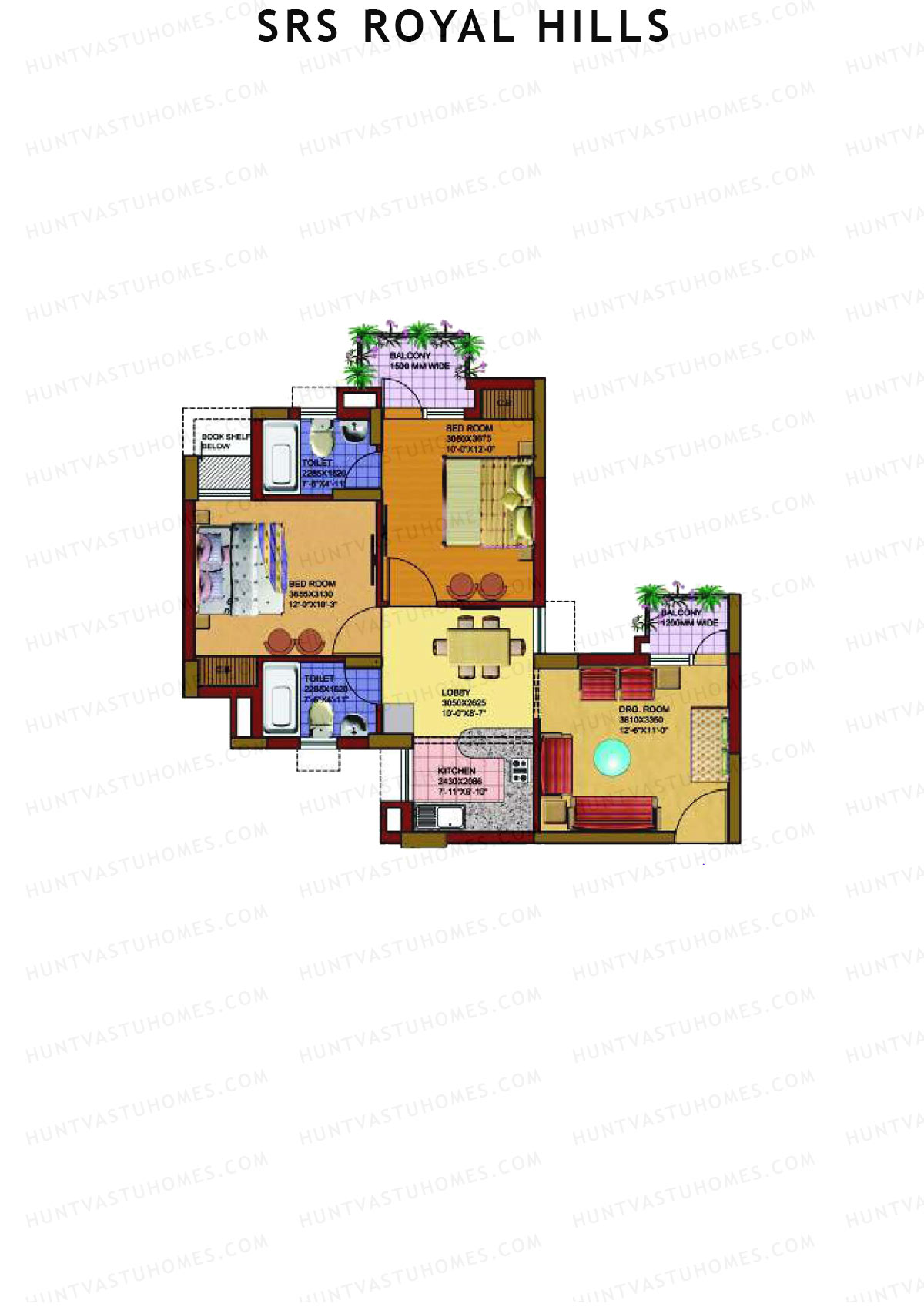 SRS Royal Hills, Tower A2, Unit 1 (Type 1), 2BHK, Super Area 1025   sq ft 