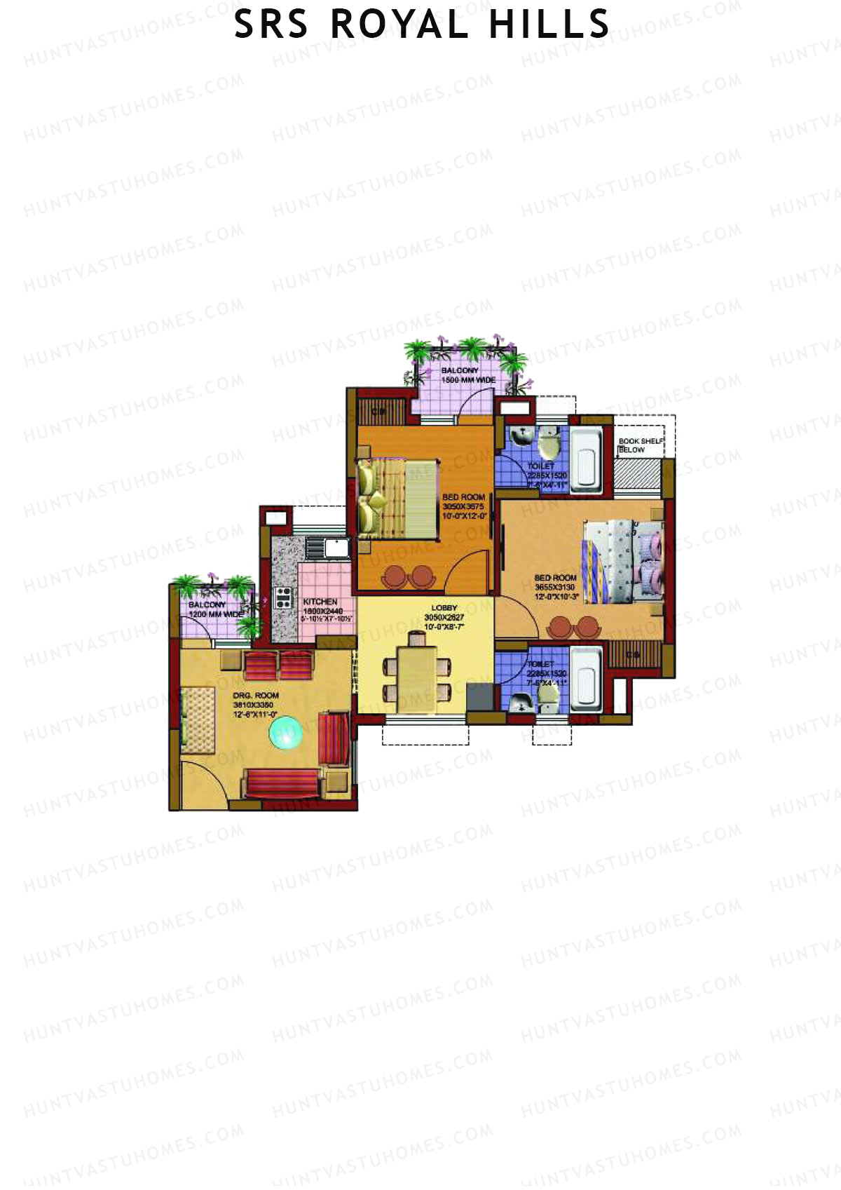 SRS Royal Hills, Tower A2, Unit 2 (Type 2), 2BHK, Super Area 1025   sq ft 