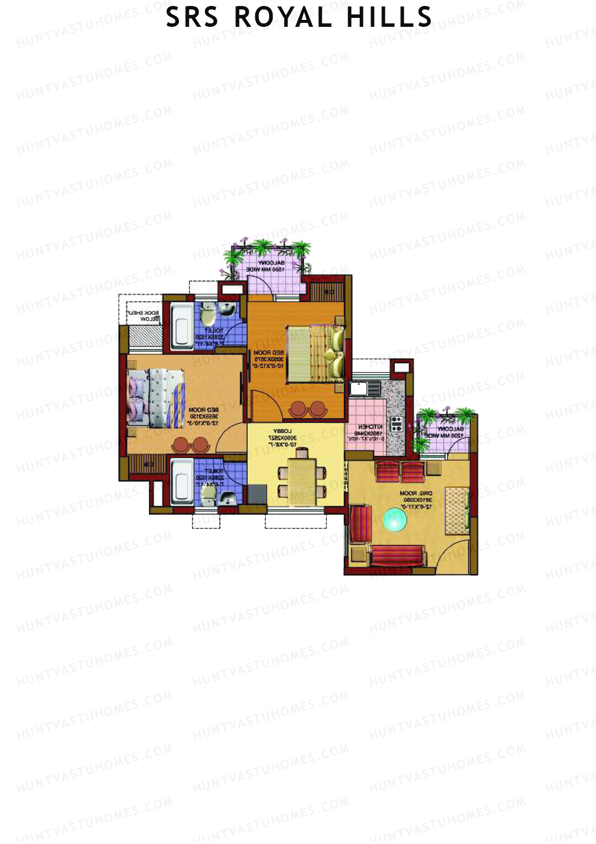 SRS Royal Hills, Tower A2, Unit 3 (Type 2), 2BHK, Super Area 1025   sq ft 