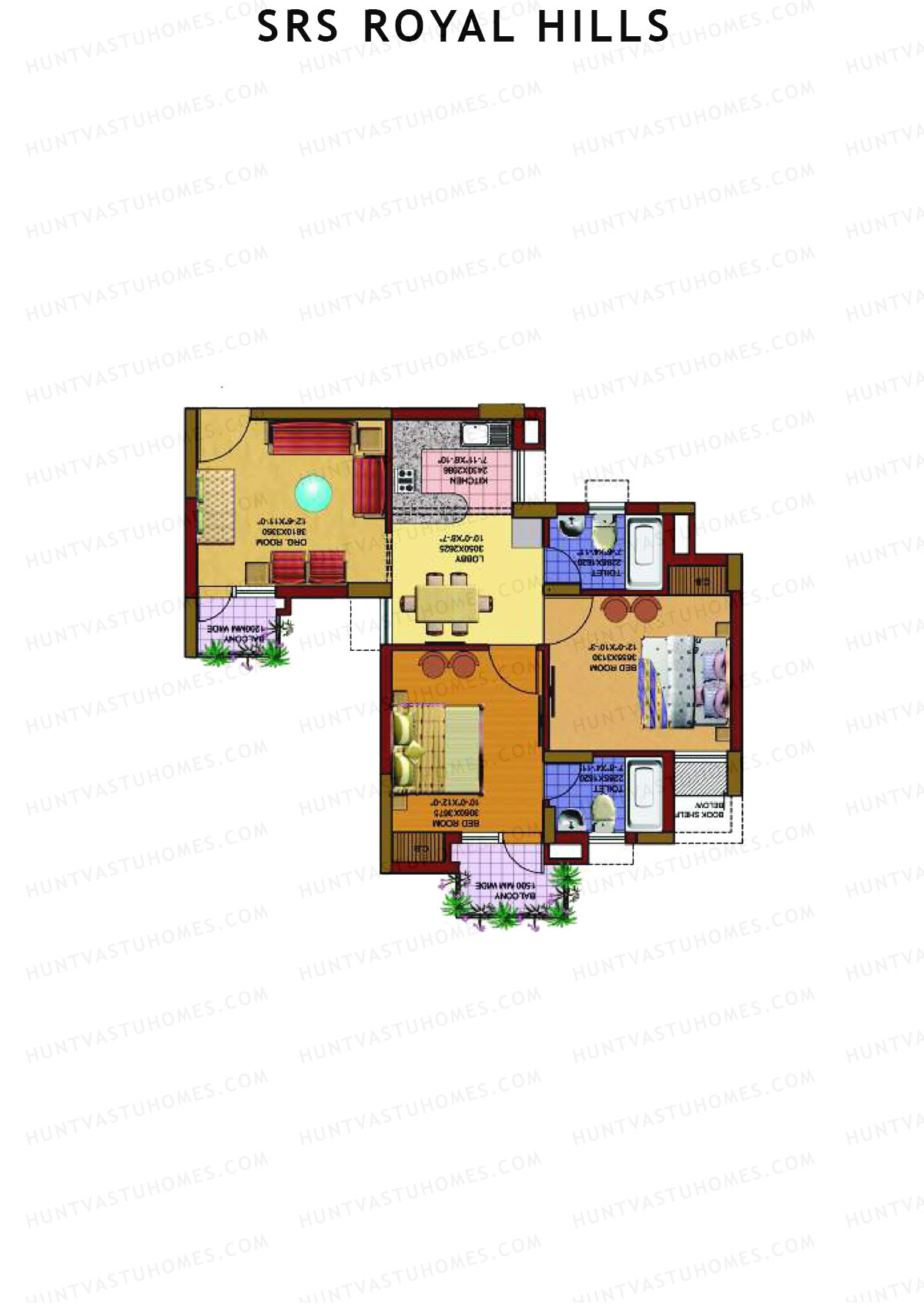 SRS Royal Hills, Tower A2, Unit 5 (Type 1), 2BHK, Super Area 1025   sq ft 