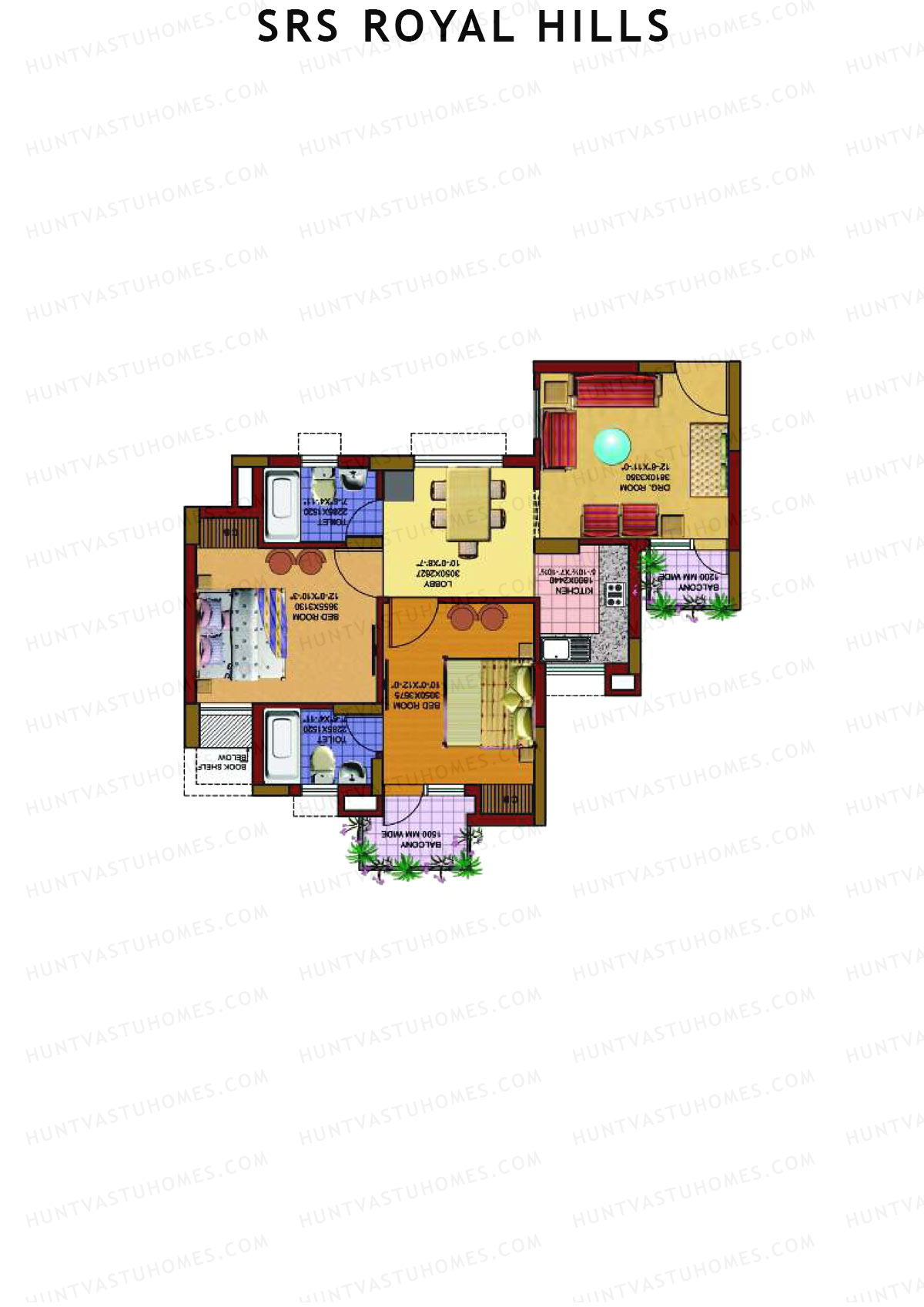 SRS Royal Hills, Tower A2, Unit 6 (Type 2), 2BHK, Super Area 1025   sq ft 