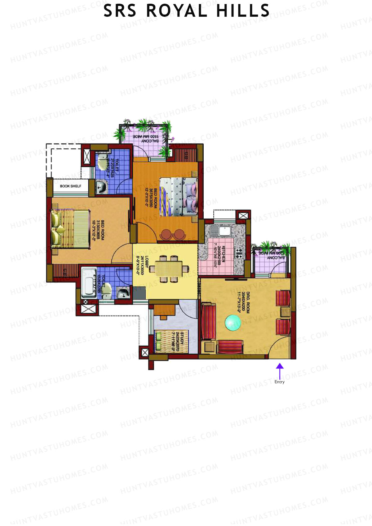 SRS Royal Hills, Tower B2, Unit 3, 2BHK, Super Area 1133   sq ft 