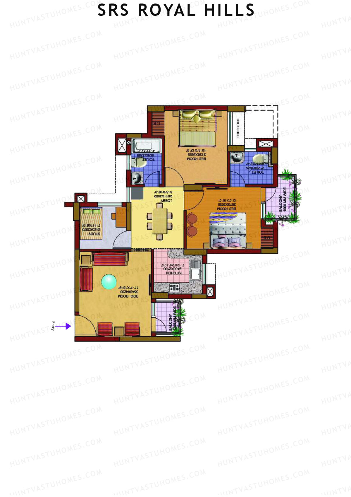 SRS Royal Hills, Tower B4, Unit 3, 2BHK, Super Area 1133   sq ft 