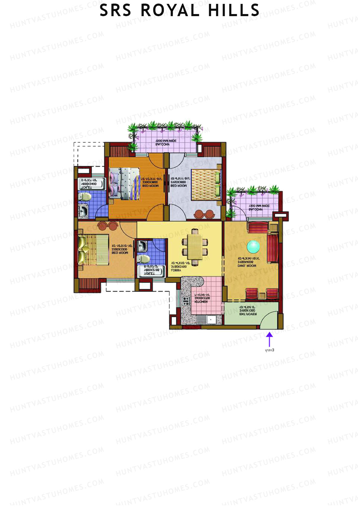 SRS Royal Hills, Tower C2, Unit 1, 3BHK, Super Area 1450   sq ft 