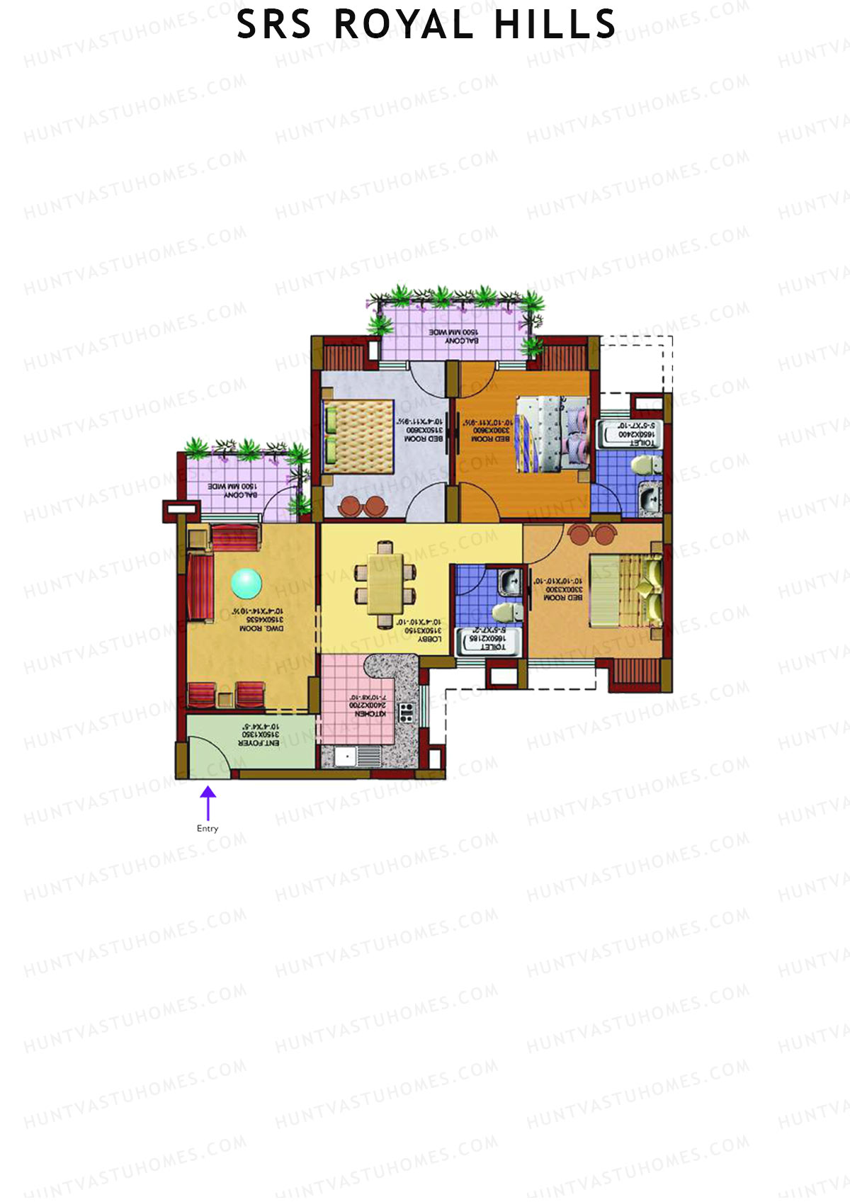 SRS Royal Hills, Tower C2, Unit 2, 3BHK, Super Area 1450   sq ft 
