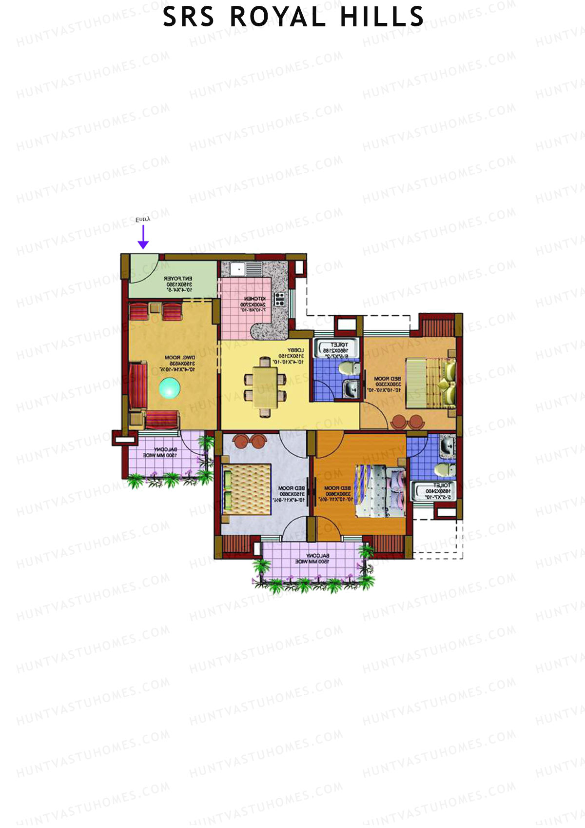 SRS Royal Hills, Tower C2, Unit 3, 3BHK, Super Area 1450   sq ft 
