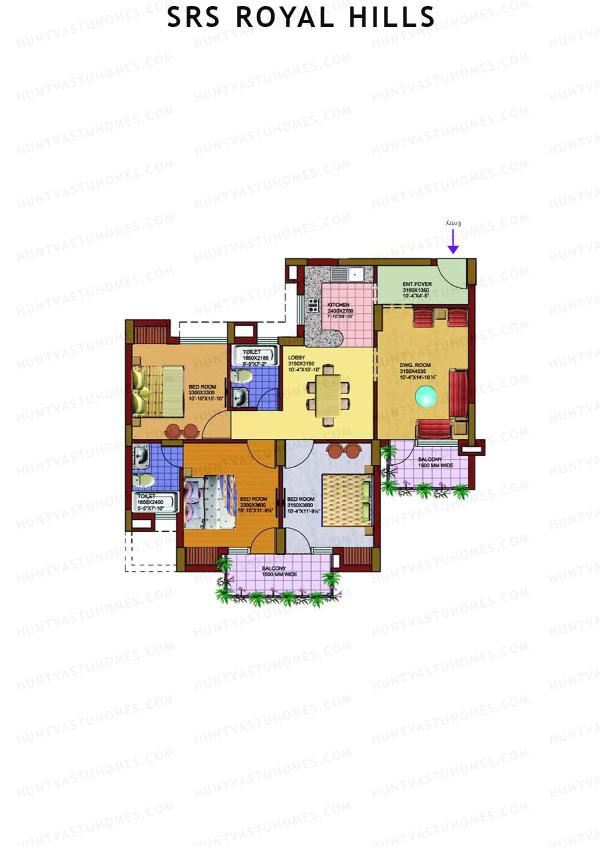 SRS Royal Hills, Tower C2, Unit 5, 3BHK, Super Area 1450   sq ft 