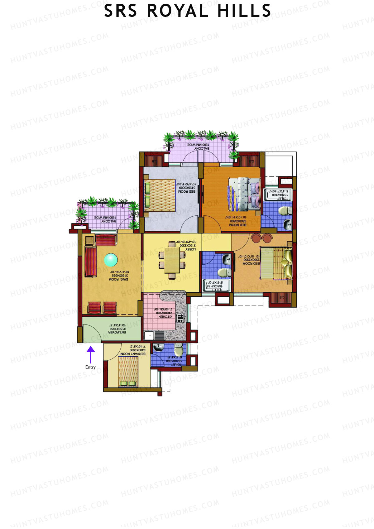SRS Royal Hills, Tower D1, Unit 2, 3BHK, Super Area 1650   sq ft 