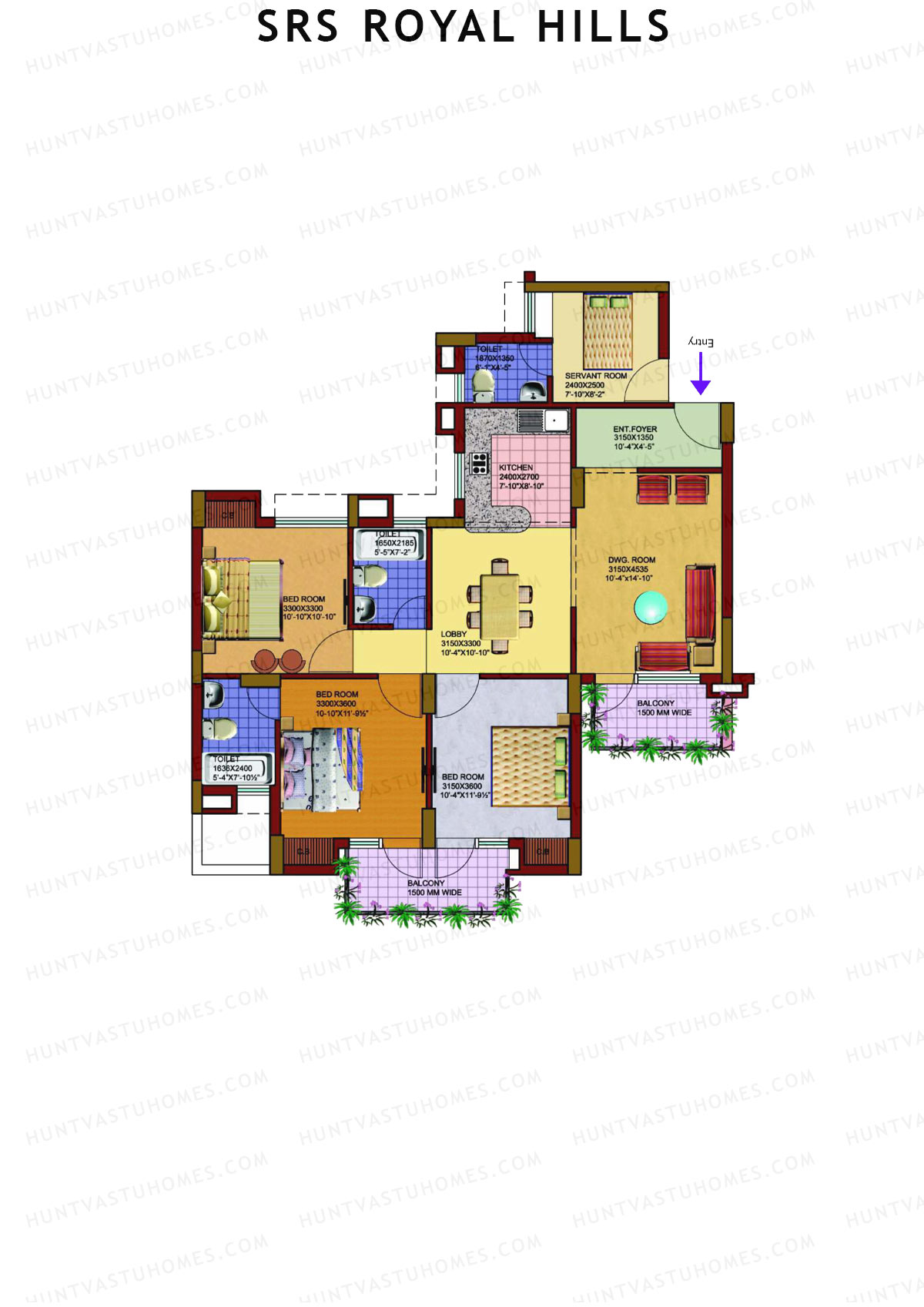 SRS Royal Hills, Tower D1, Unit 5, 3BHK, Super Area 1650   sq ft 