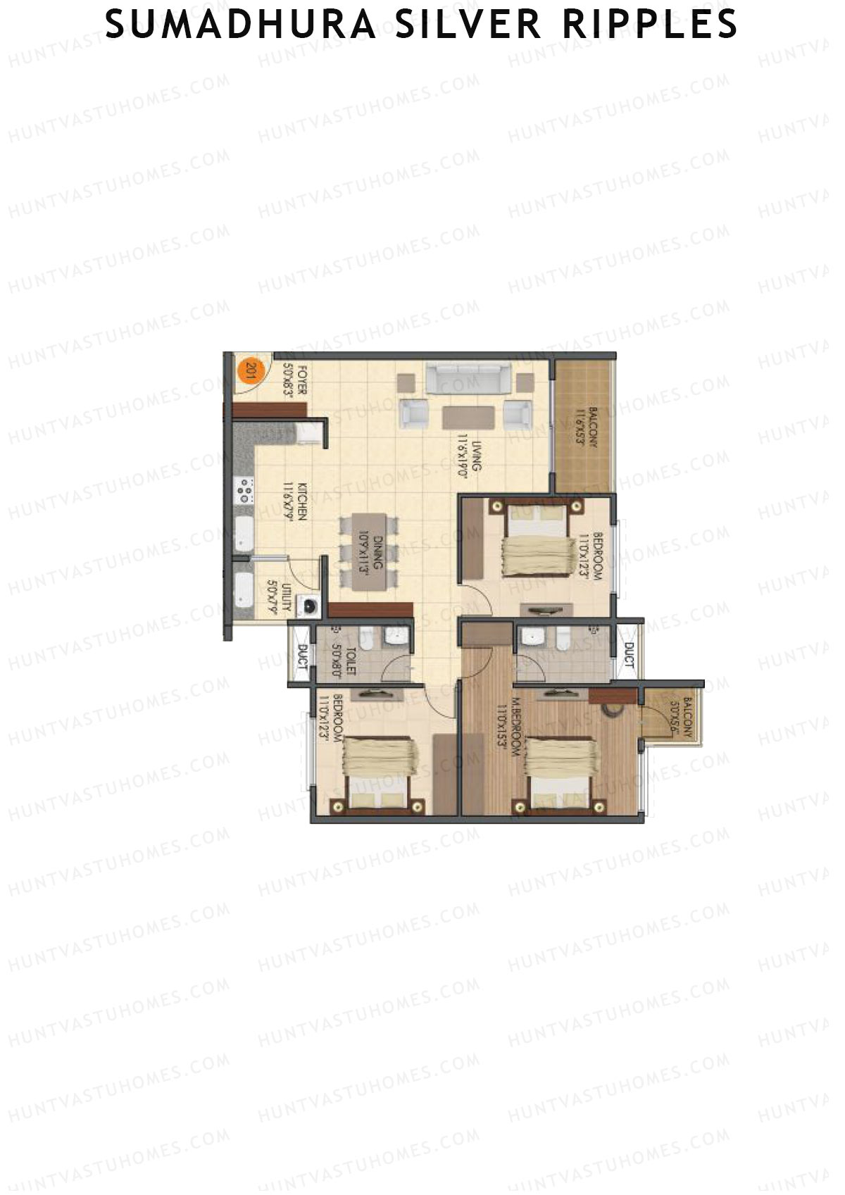 Sumadhura Silver Ripples, Block A, Unit 1, 3BHK, Super Area 1585   sq ft 