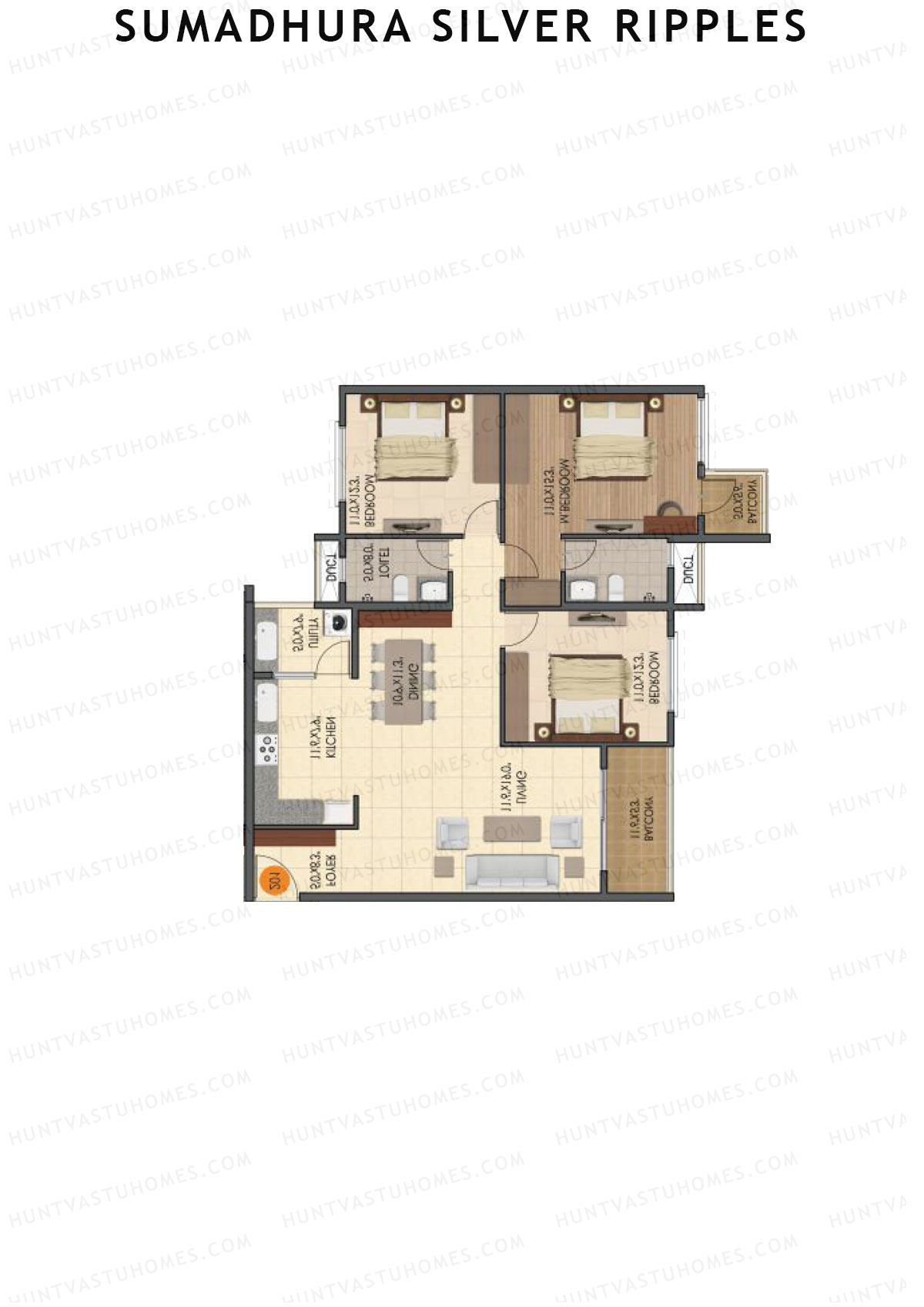 Sumadhura Silver Ripples, Block B, Unit 4, 3BHK, Super Area 1585   sq ft 