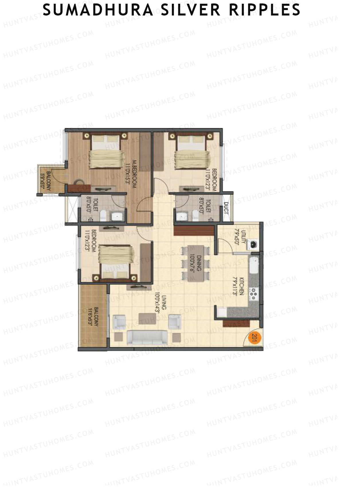 Sumadhura Silver Ripples, Block G, Unit 1, 3BHK, Super Area 1585   sq ft 