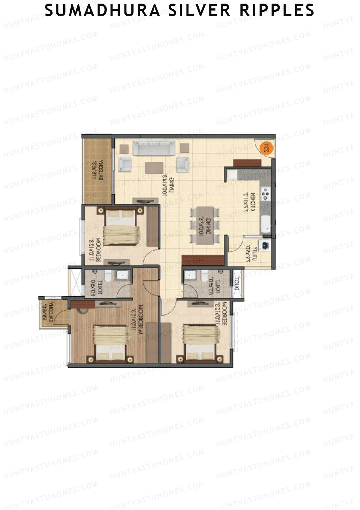 Sumadhura Silver Ripples, Block H, Unit 4, 3BHK, Super Area 1585   sq ft 
