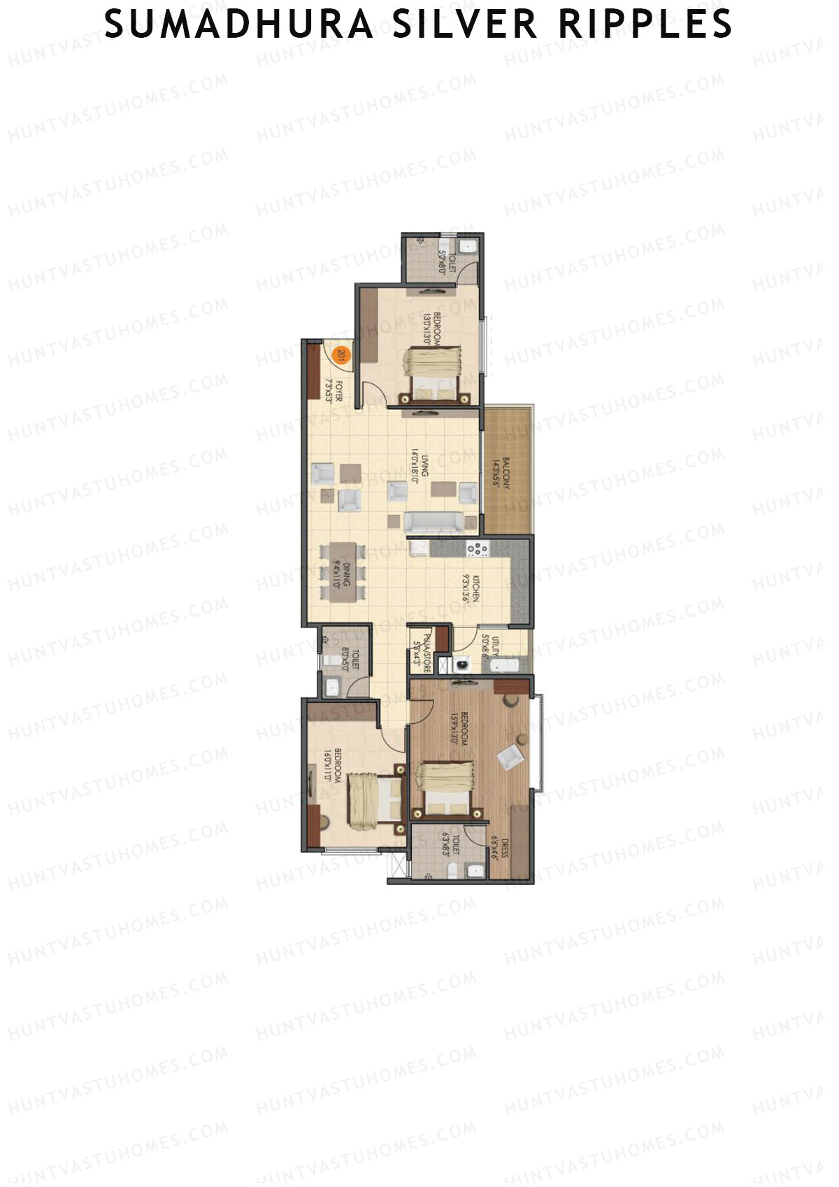Sumadhura Silver Ripples, Block J, Unit 1, 3BHK, Super Area 1900   sq ft 