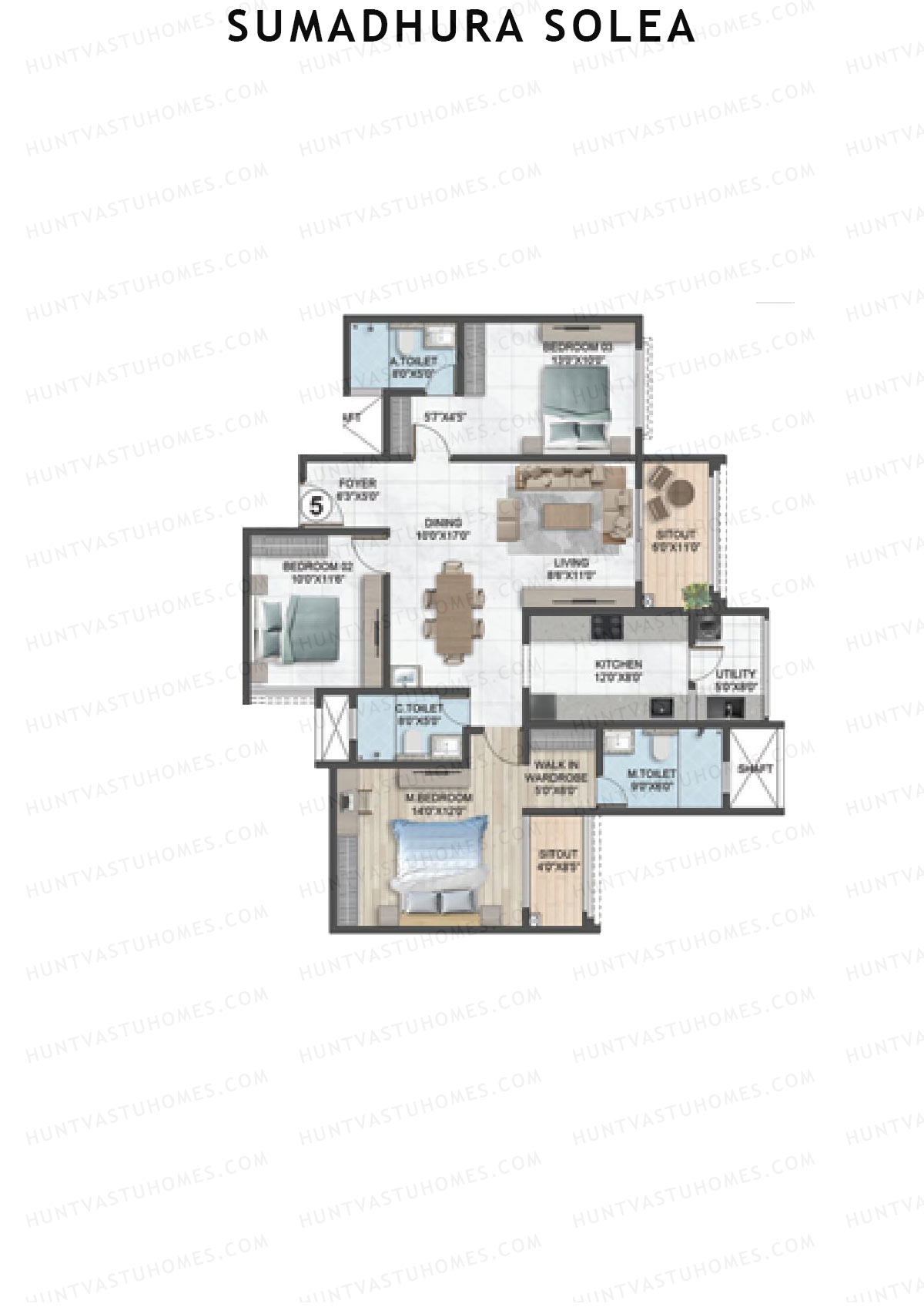 Sumadhura Solea, Wing Daphine, Unit 5, 3BHK, Super Area 1740   sq ft 
