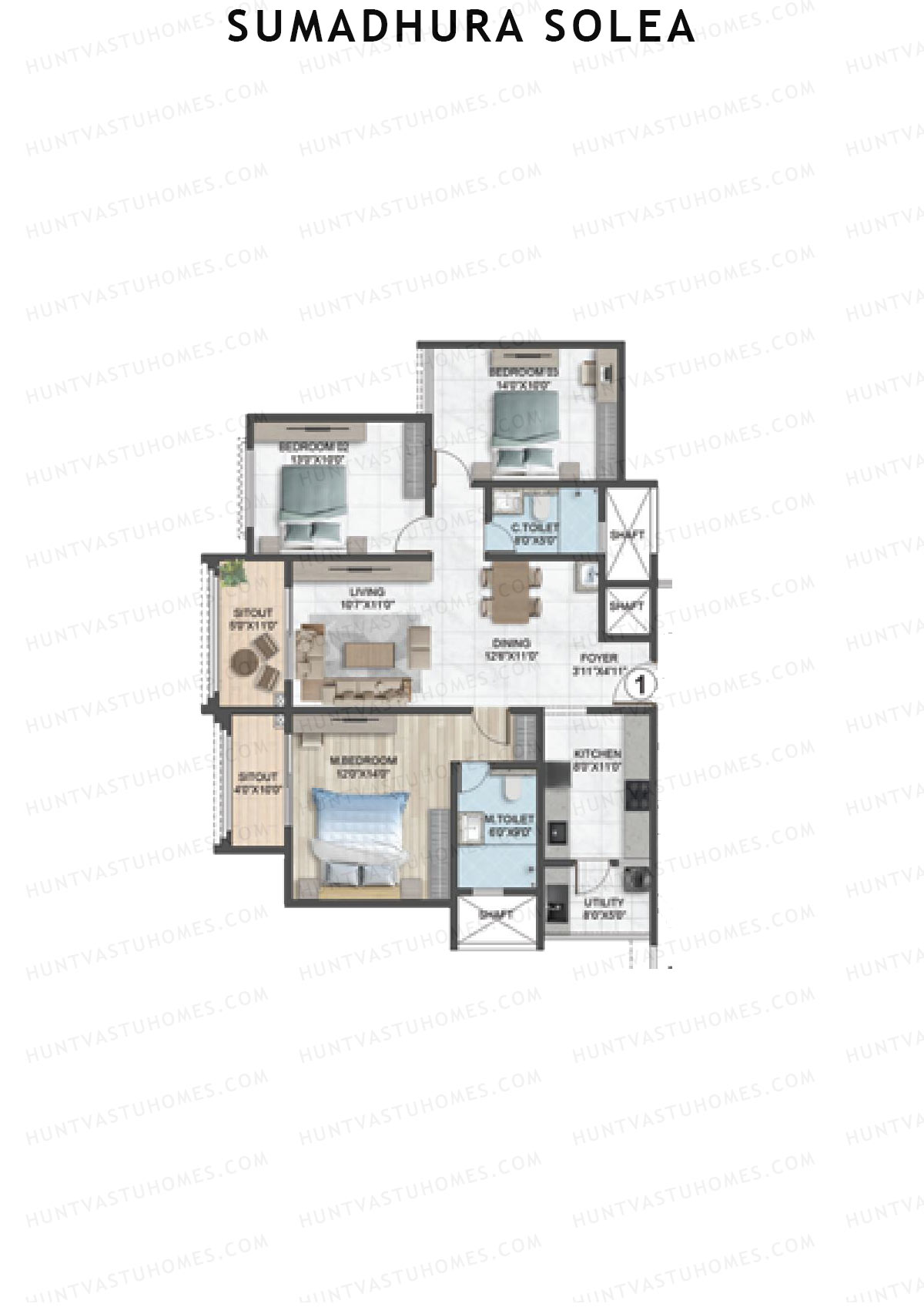Sumadhura Solea, Wing Elm, Unit 1, 3BHK, Super Area 1627   sq ft 