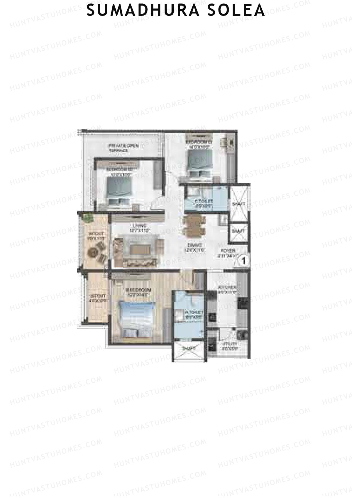 Sumadhura Solea, Wing Elm, Unit 1, 3BHK, Super Area 1677   sq ft 