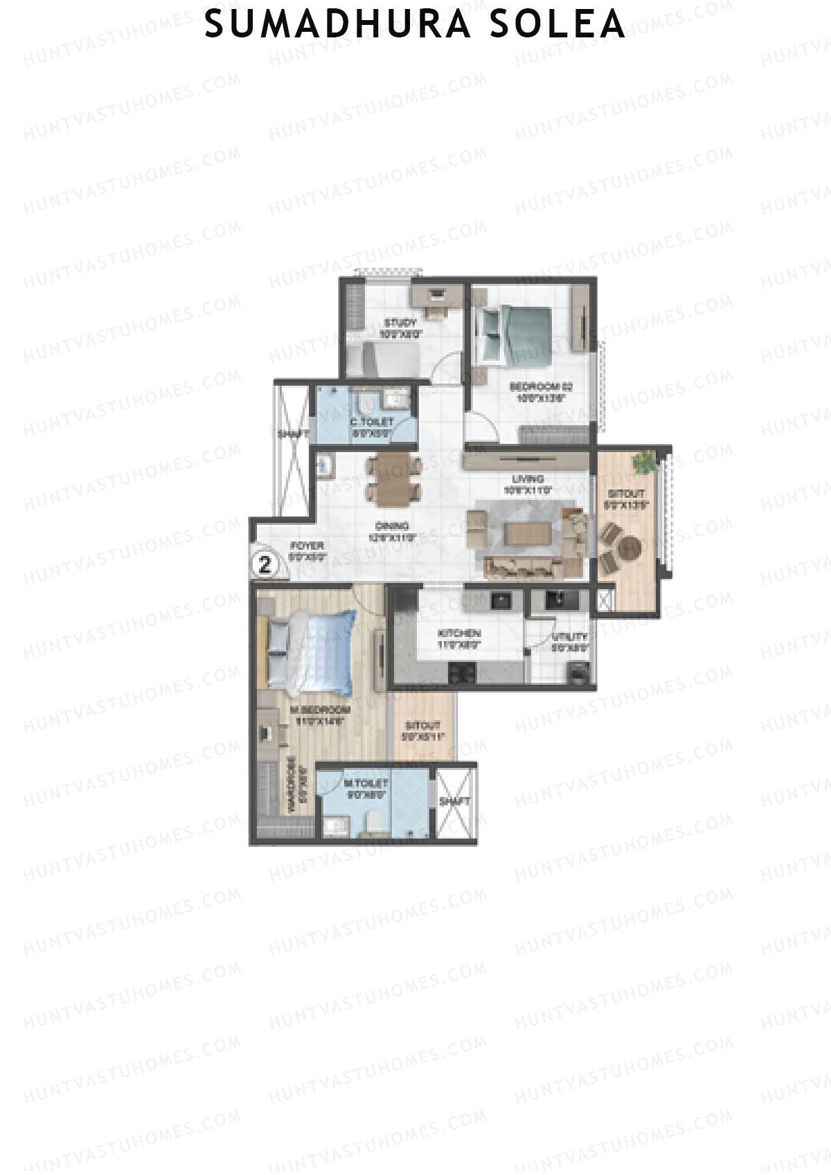Sumadhura Solea, Wing Elm, Unit 2, 2BHK, Super Area 1560   sq ft 