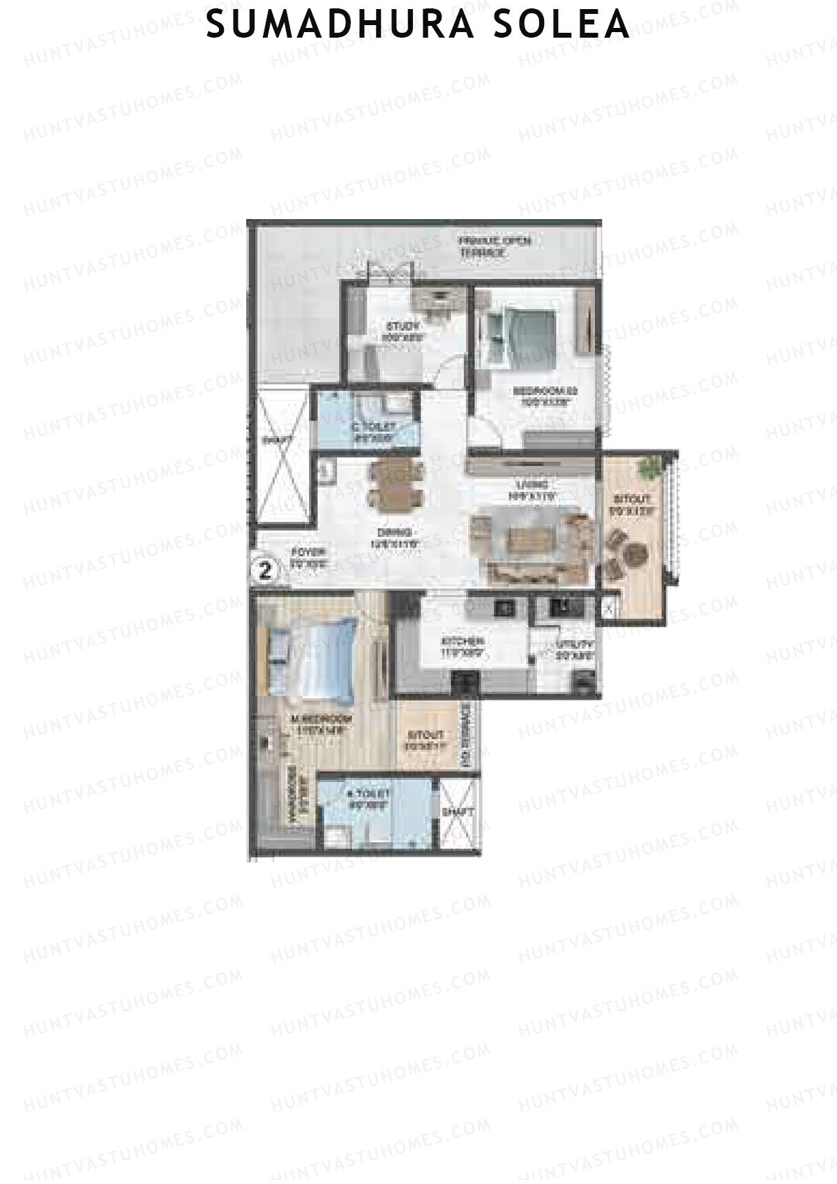 Sumadhura Solea, Wing Elm, Unit 2, 2BHK, Super Area 1655   sq ft 