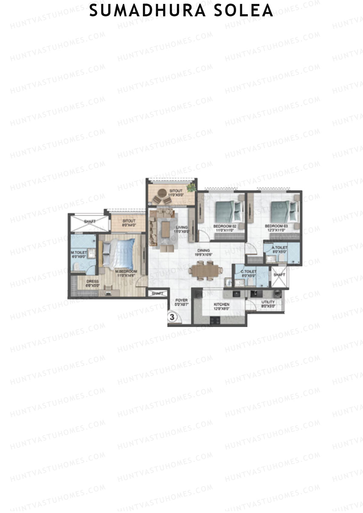 Sumadhura Solea, Wing Elm, Unit 3, 3BHK, Super Area 1785   sq ft 