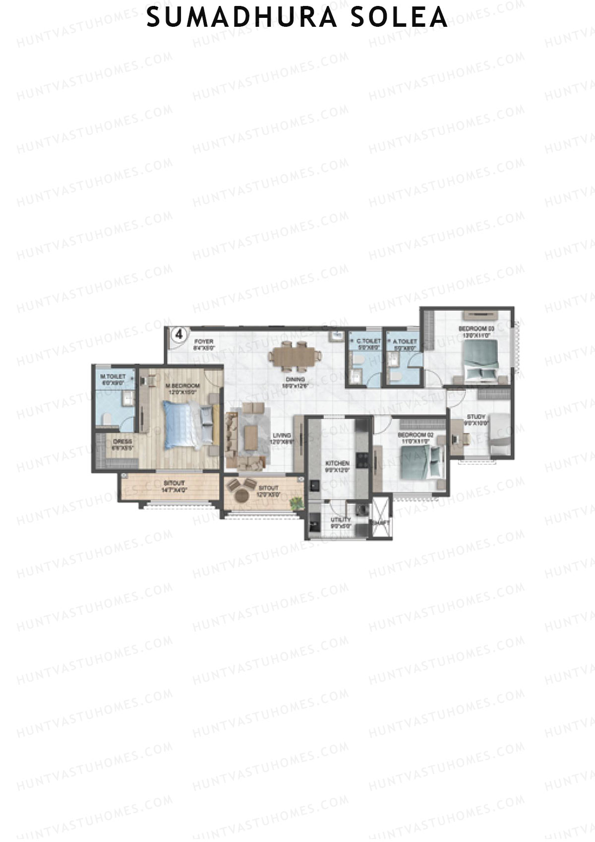 Sumadhura Solea, Wing Elm, Unit 4, 3BHK, Super Area 2110   sq ft 