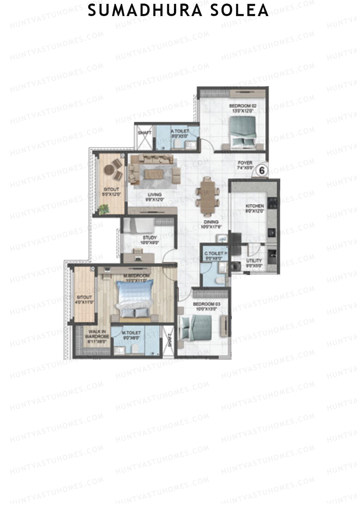 Sumadhura Solea, Wing Elm, Unit 6, 3BHK, Super Area 2025   sq ft 