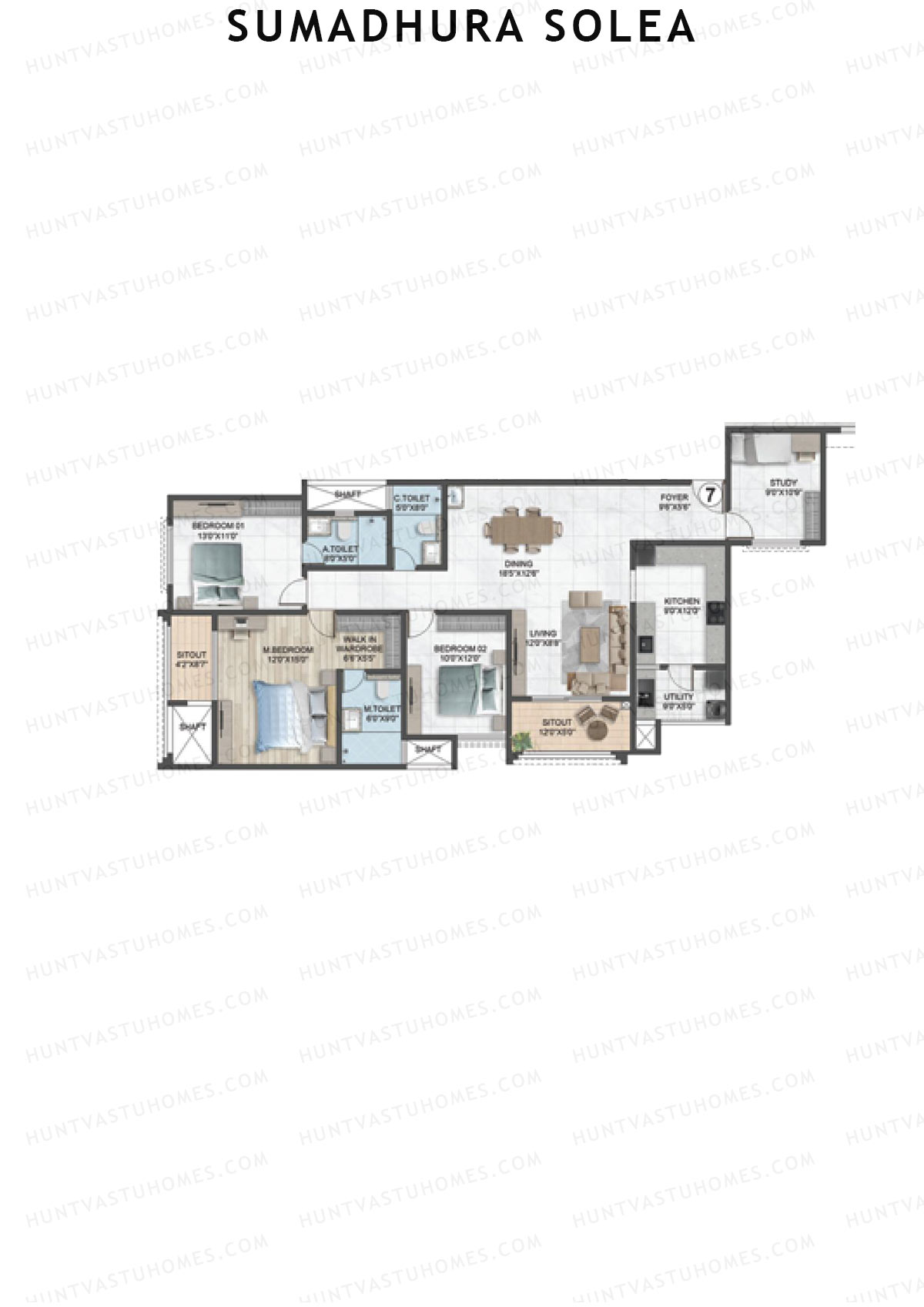 Sumadhura Solea, Wing Elm, Unit 7, 3BHK, Super Area 2110   sq ft 